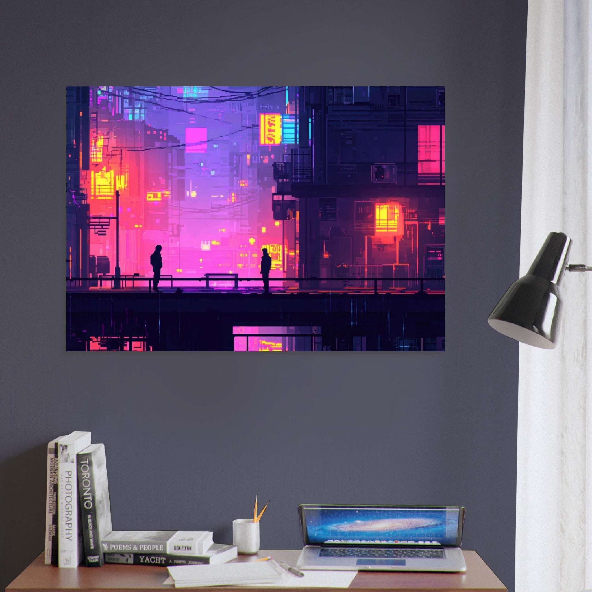 Aluminum Print Landscape - A city where neon lights create impossible rifle 5 - Shop Ai Art WebShop - Digital Art online Store