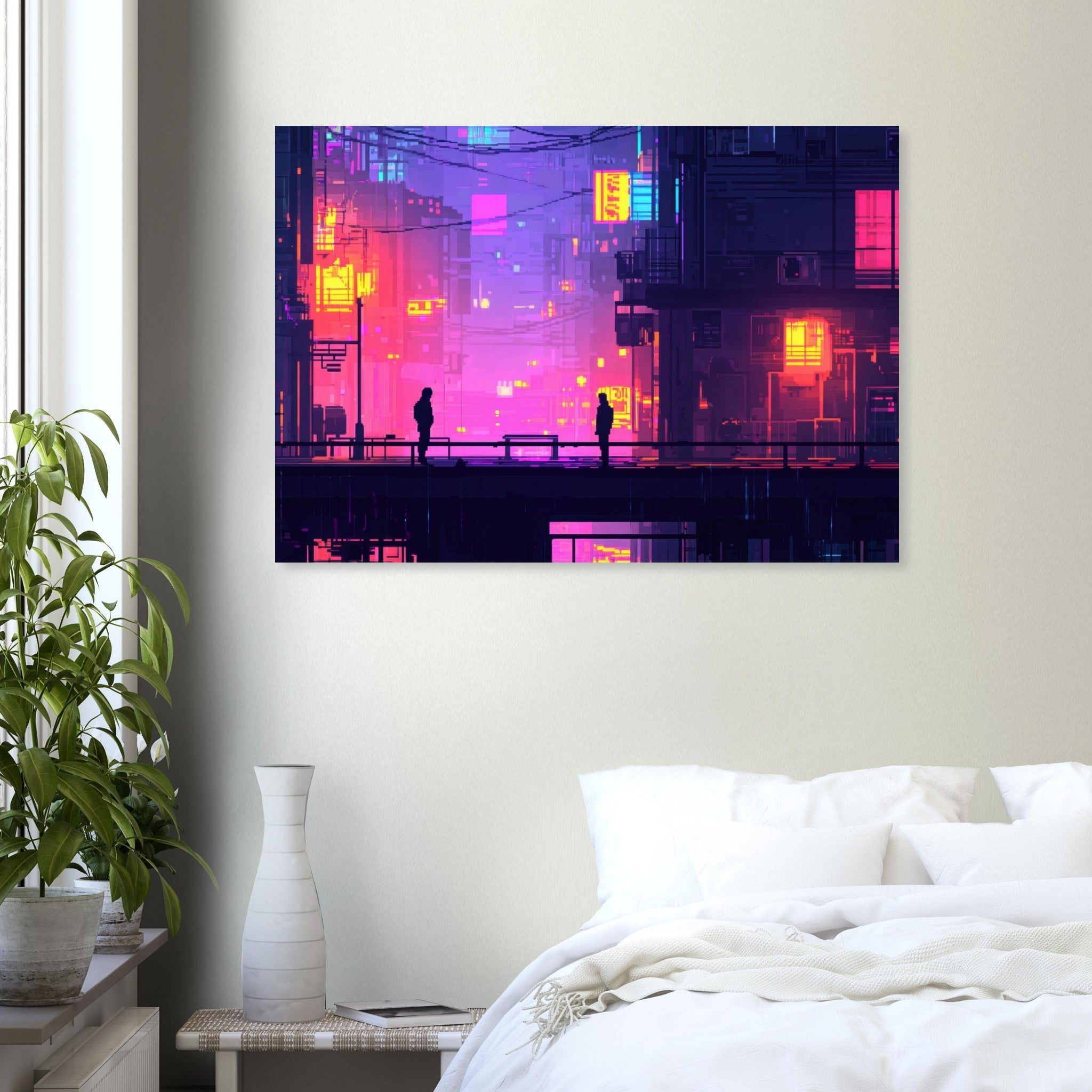 Aluminum Print Landscape - A city where neon lights create impossible rifle 5 - Shop Ai Art WebShop - Digital Art online Store