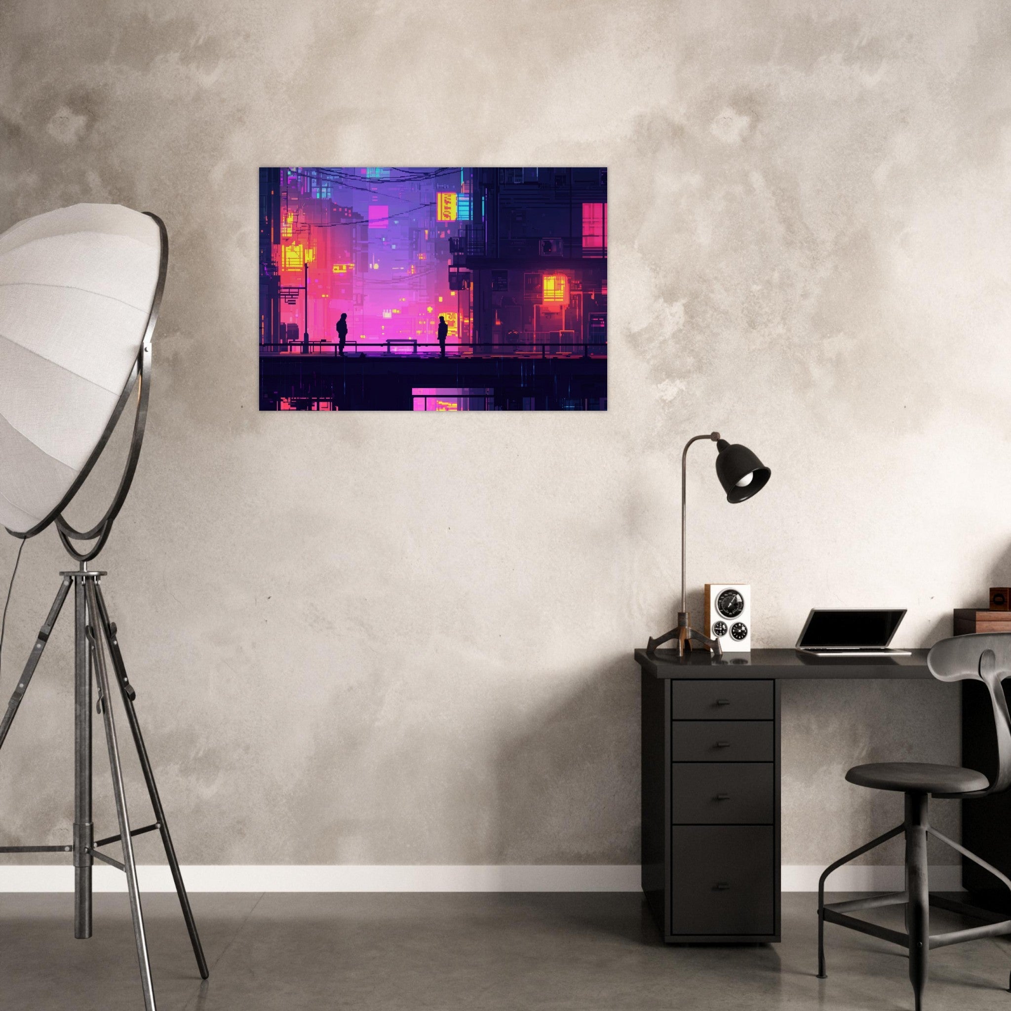 Aluminum Print Landscape - A city where neon lights create impossible rifle 5 - Shop Ai Art WebShop - Digital Art online Store