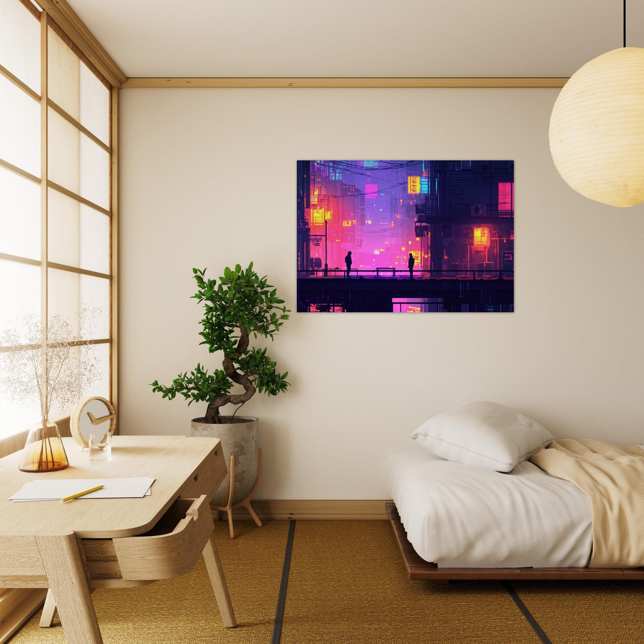 Aluminum Print Landscape - A city where neon lights create impossible rifle 5 - Shop Ai Art WebShop - Digital Art online Store