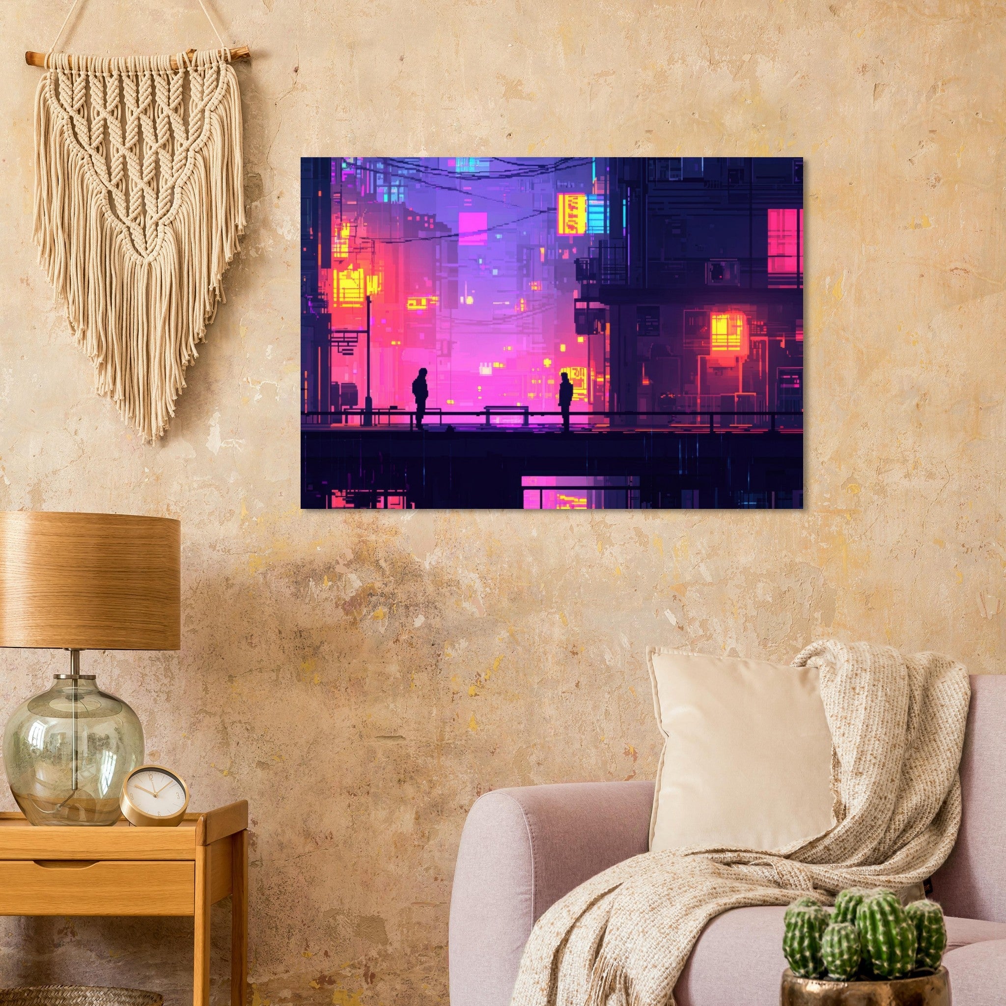 Aluminum Print Landscape - A city where neon lights create impossible rifle 5 - Shop Ai Art WebShop - Digital Art online Store