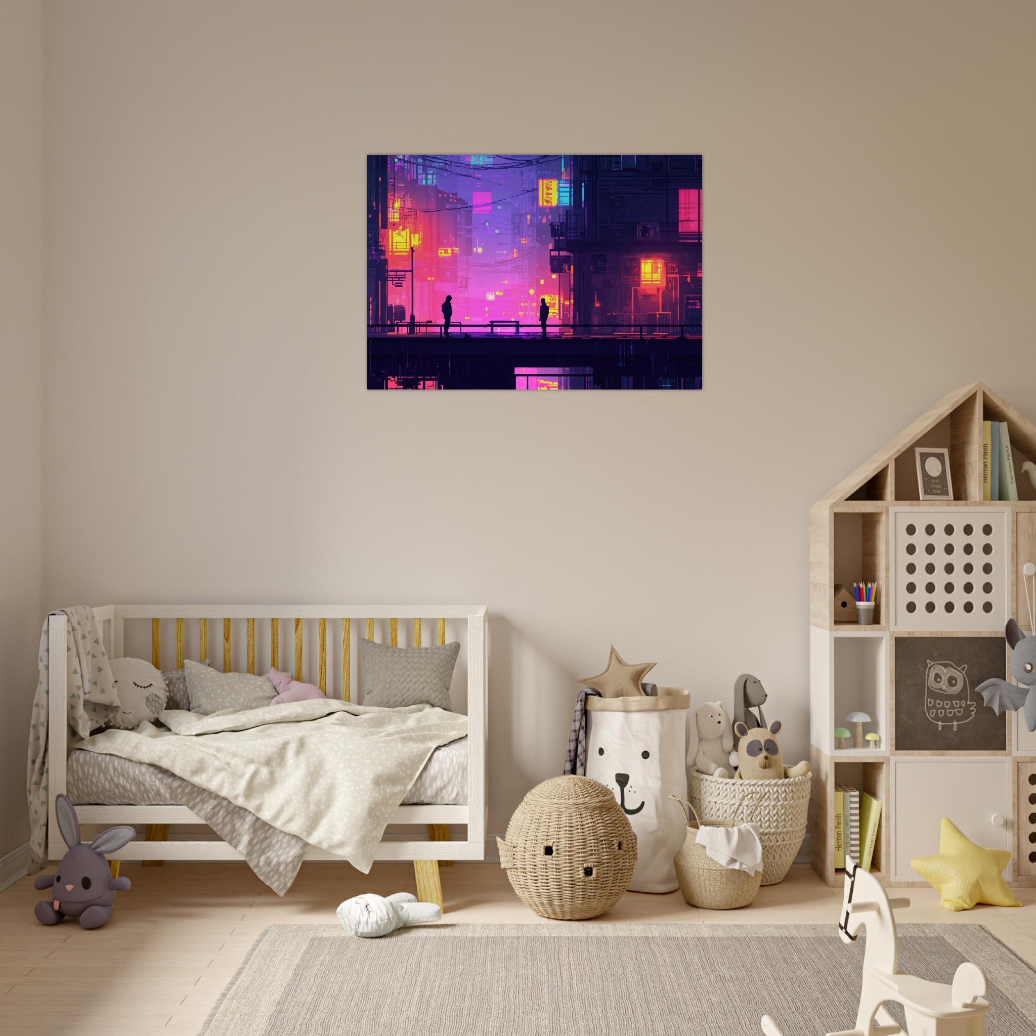 Aluminum Print Landscape - A city where neon lights create impossible rifle 5 - Shop Ai Art WebShop - Digital Art online Store