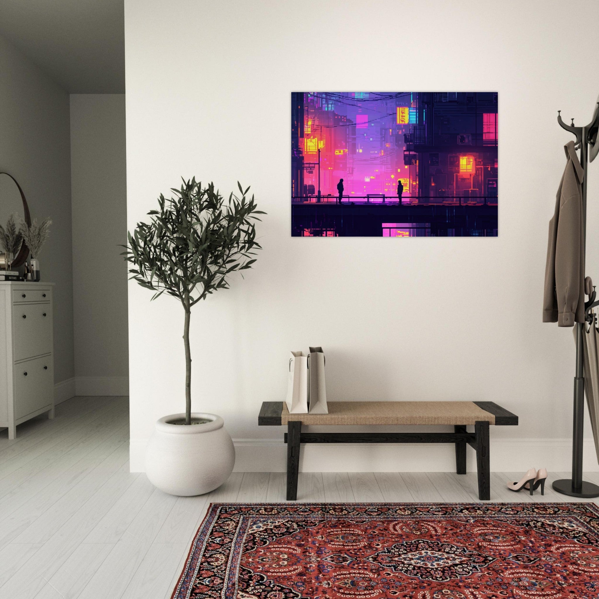 Aluminum Print Landscape - A city where neon lights create impossible rifle 5 - Shop Ai Art WebShop - Digital Art online Store