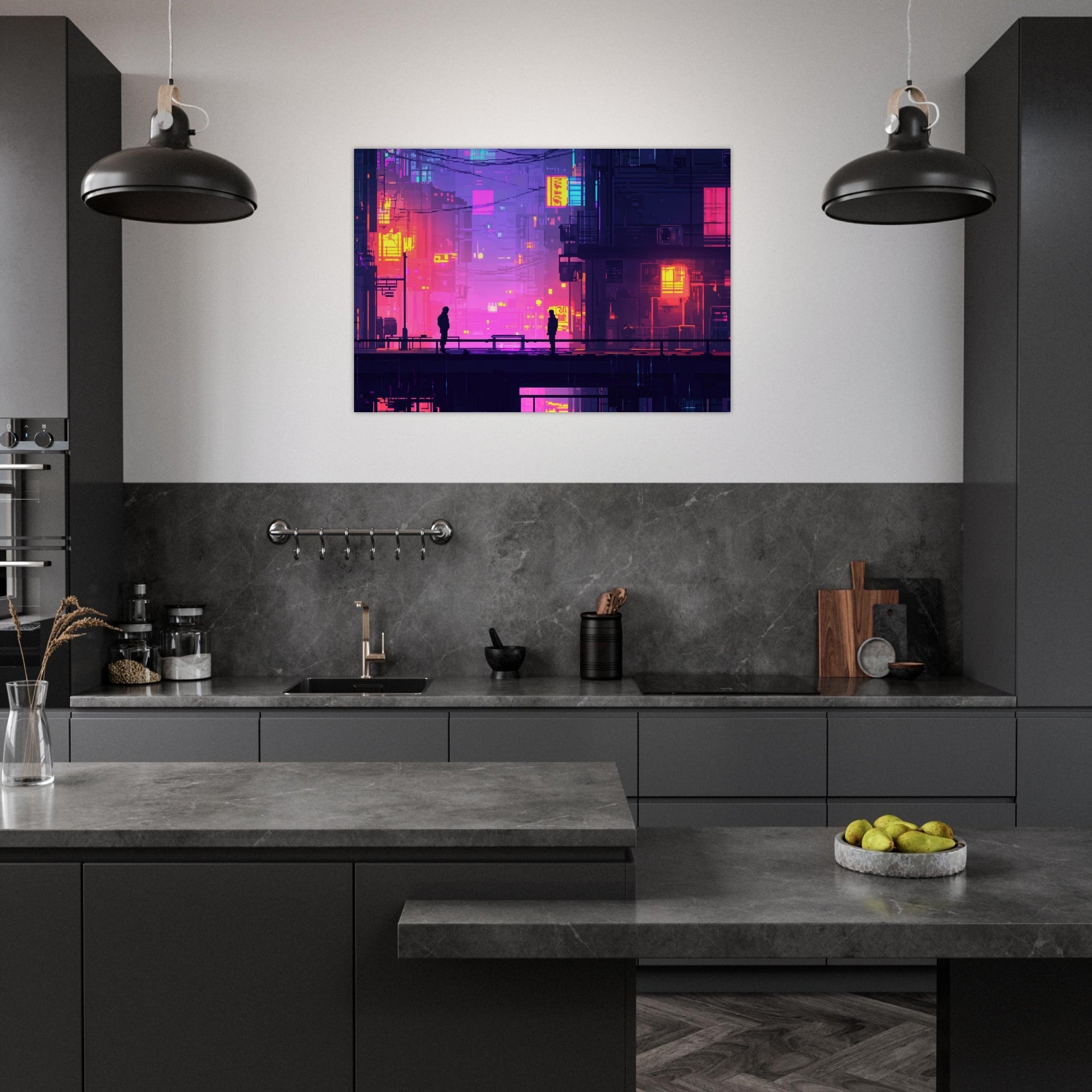 Aluminum Print Landscape - A city where neon lights create impossible rifle 5 - Shop Ai Art WebShop - Digital Art online Store