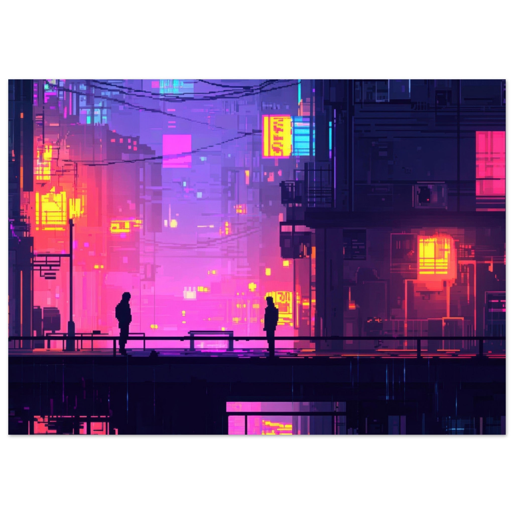 Aluminum Print Landscape - A city where neon lights create impossible rifle 5 - Shop Ai Art WebShop - Digital Art online Store