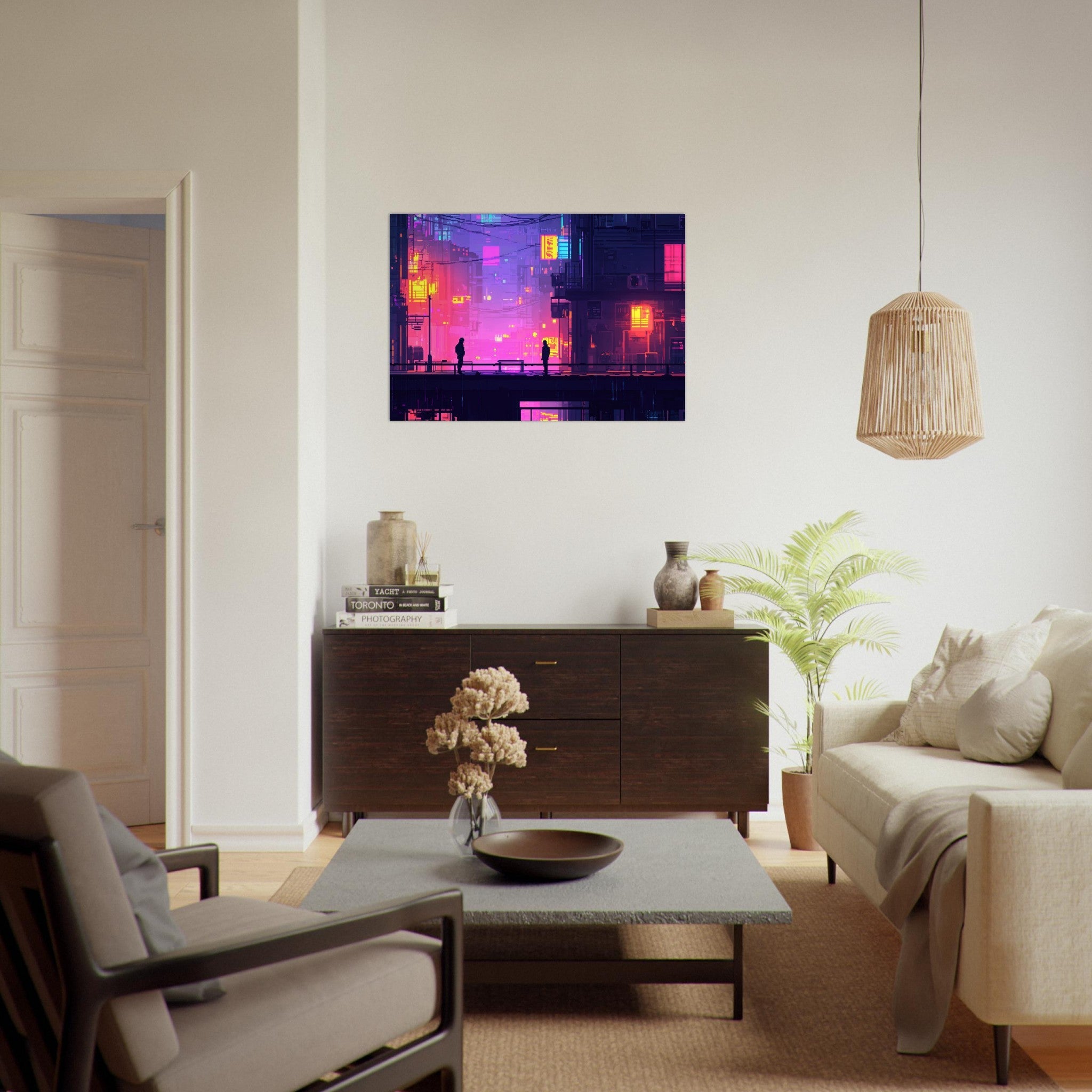 Aluminum Print Landscape - A city where neon lights create impossible rifle 5 - Shop Ai Art WebShop - Digital Art online Store