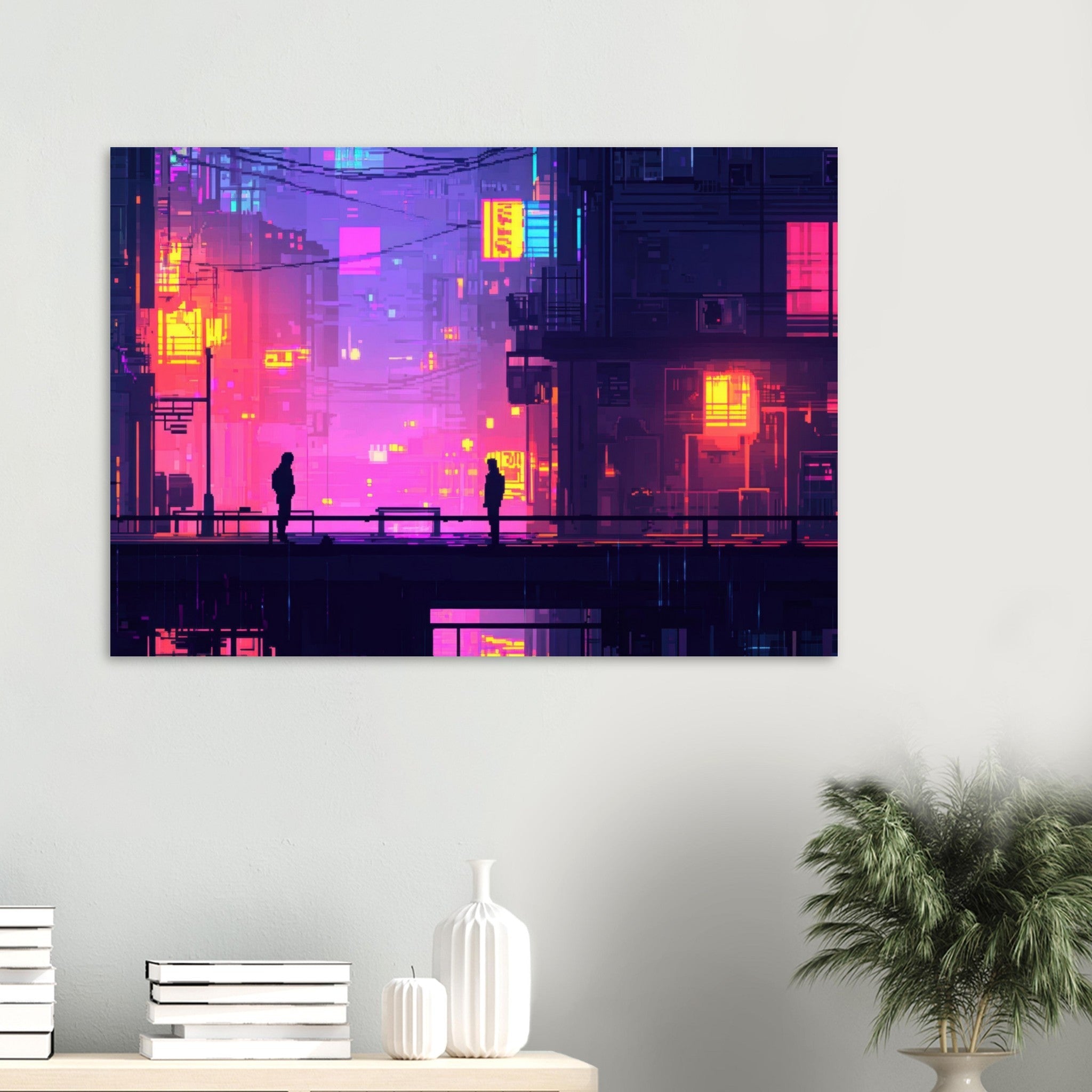 Aluminum Print Landscape - A city where neon lights create impossible rifle 5 - Shop Ai Art WebShop - Digital Art online Store