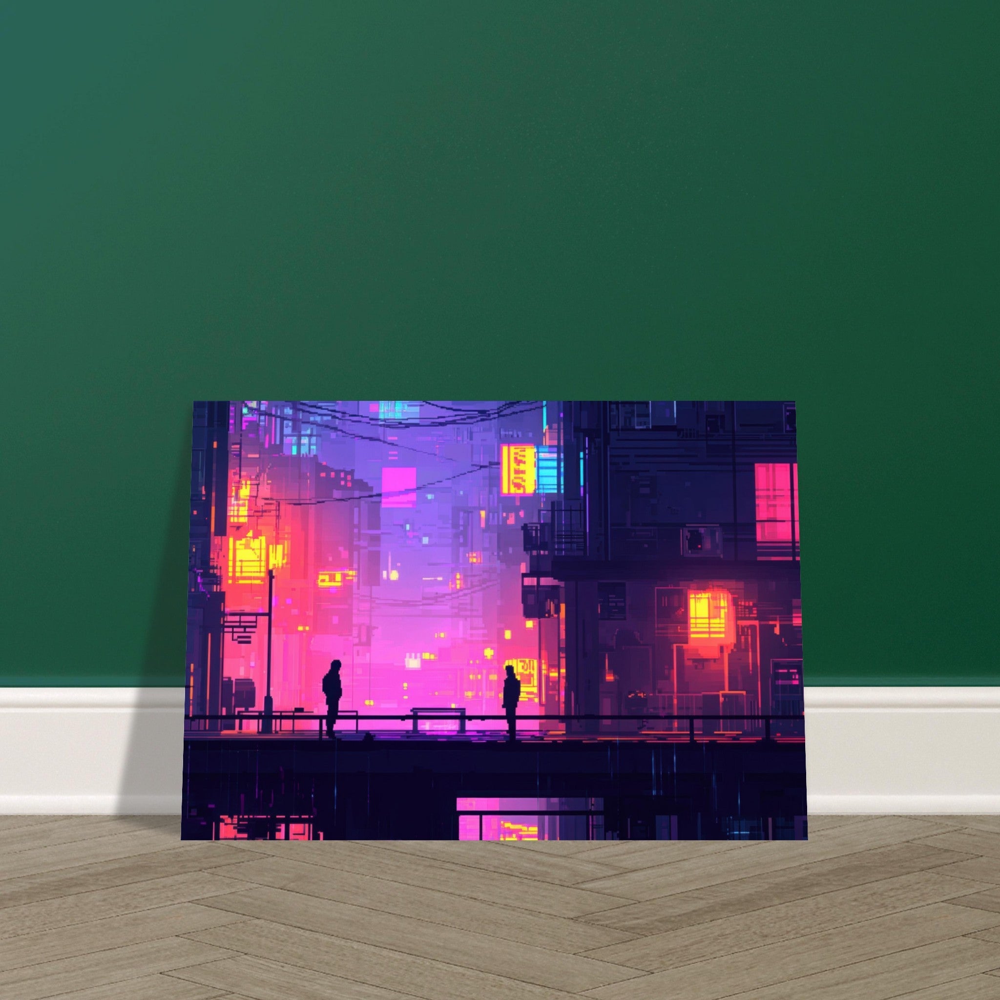 Aluminum Print Landscape - A city where neon lights create impossible rifle 5 - Shop Ai Art WebShop - Digital Art online Store