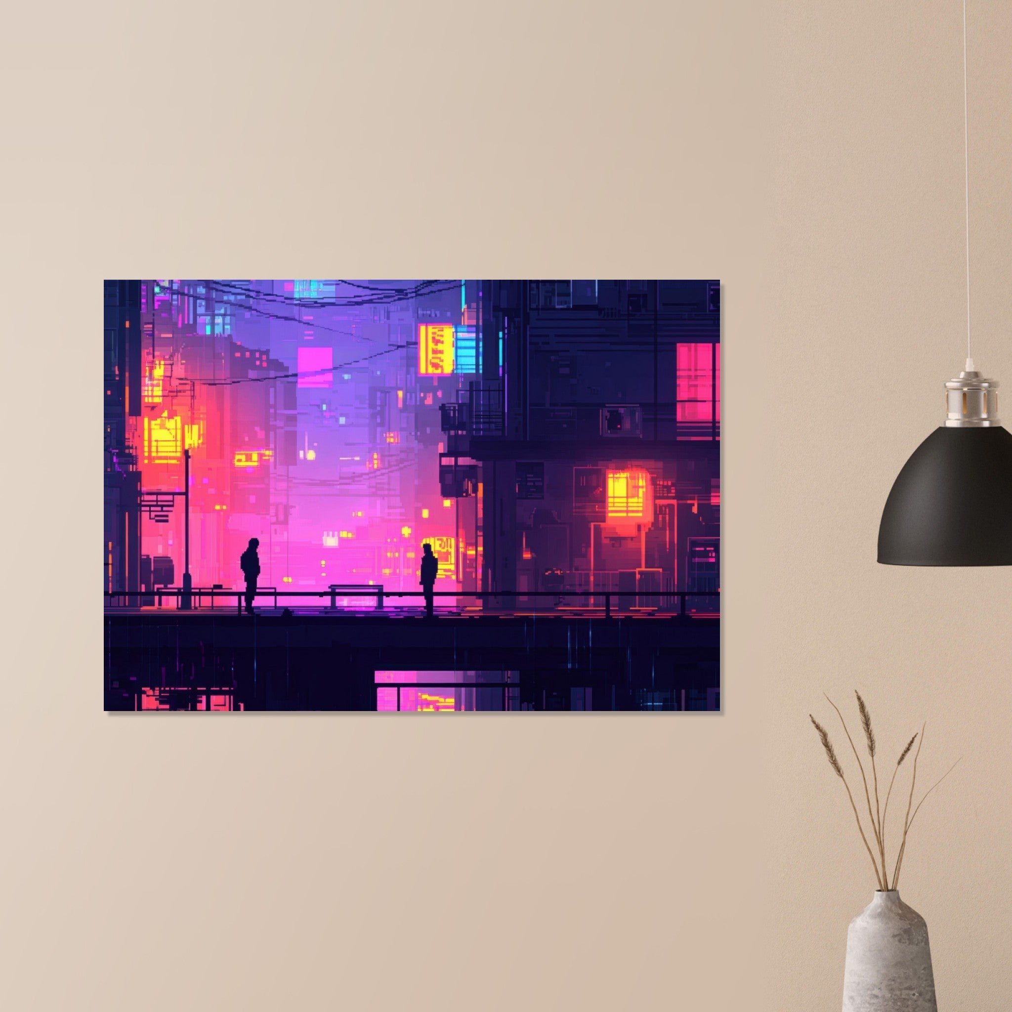 Aluminum Print Landscape - A city where neon lights create impossible rifle 5 - Shop Ai Art WebShop - Digital Art online Store