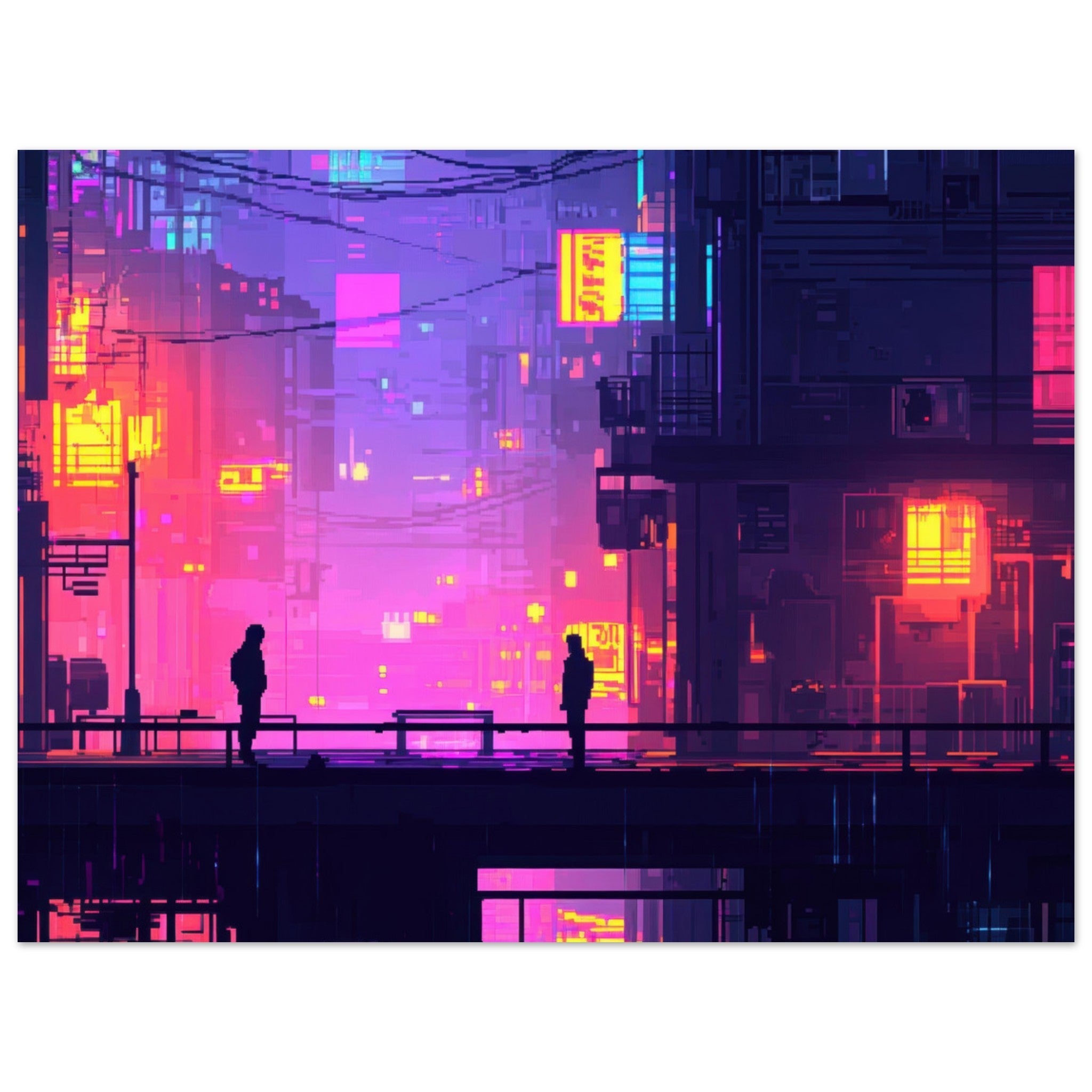 Aluminum Print Landscape - A city where neon lights create impossible rifle 5 - Shop Ai Art WebShop - Digital Art online Store