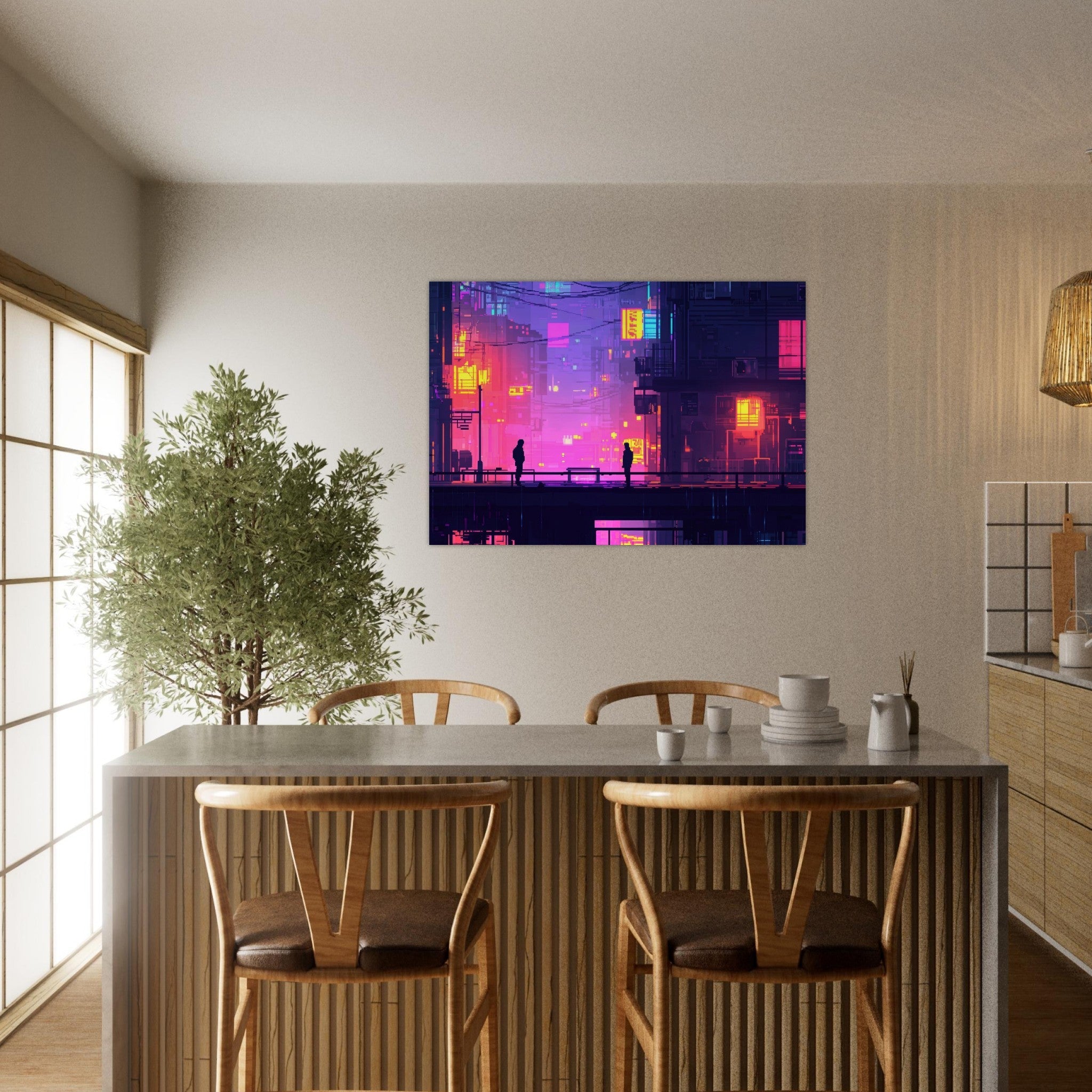 Aluminum Print Landscape - A city where neon lights create impossible rifle 5 - Shop Ai Art WebShop - Digital Art online Store