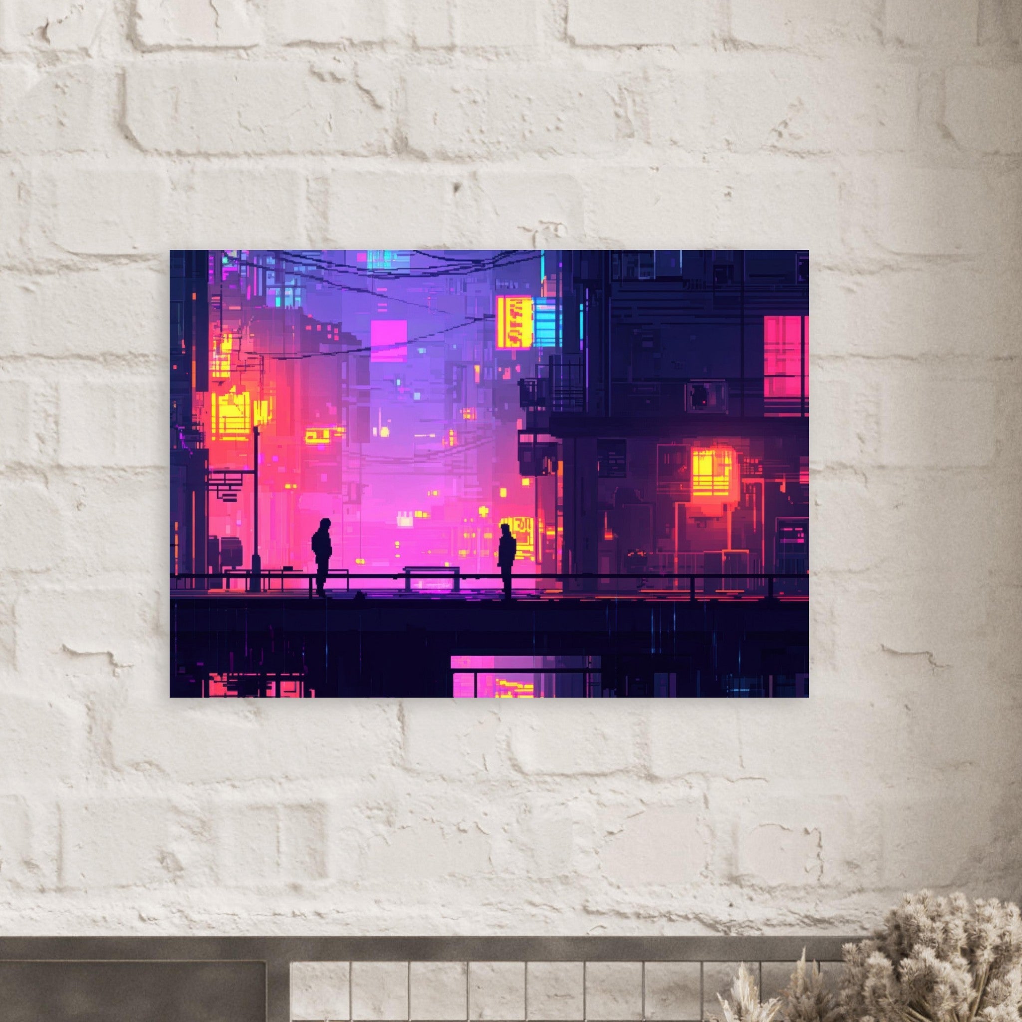 Aluminum Print Landscape - A city where neon lights create impossible rifle 5 - Shop Ai Art WebShop - Digital Art online Store