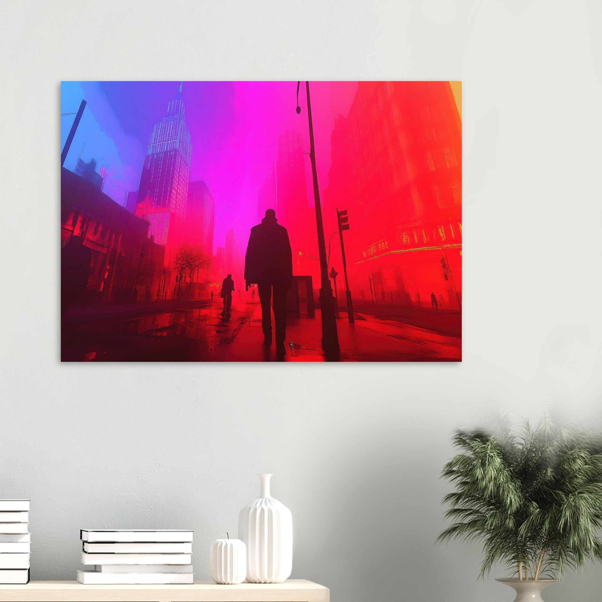 Aluminum Print Landscape - A city where neon lights create impossible rifle - Shop Ai Art WebShop - Digital Art online Store