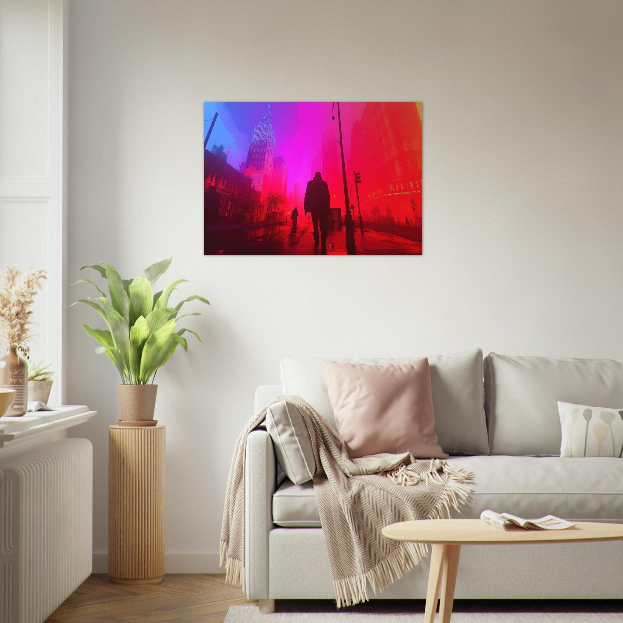 Aluminum Print Landscape - A city where neon lights create impossible rifle - Shop Ai Art WebShop - Digital Art online Store