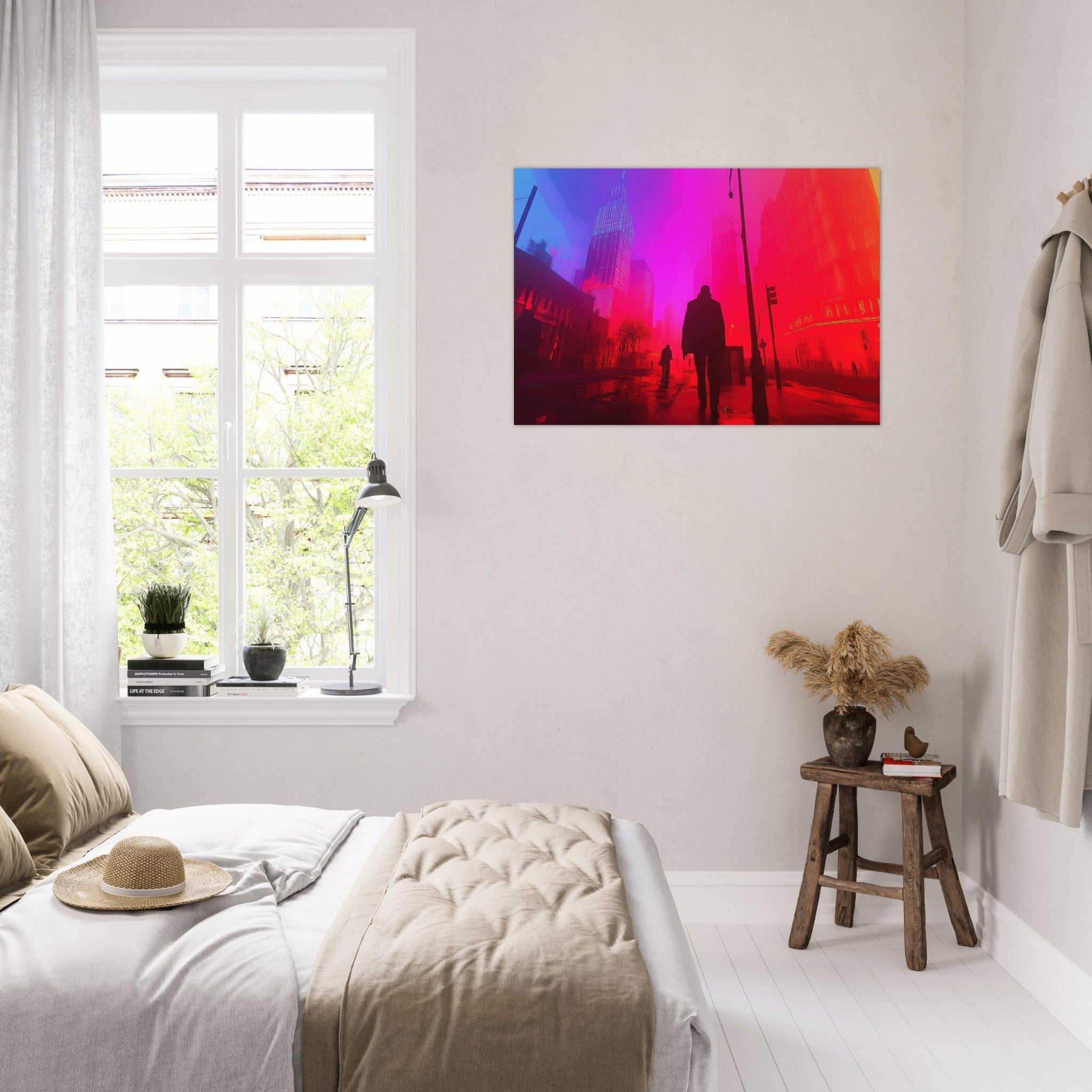 Aluminum Print Landscape - A city where neon lights create impossible rifle - Shop Ai Art WebShop - Digital Art online Store