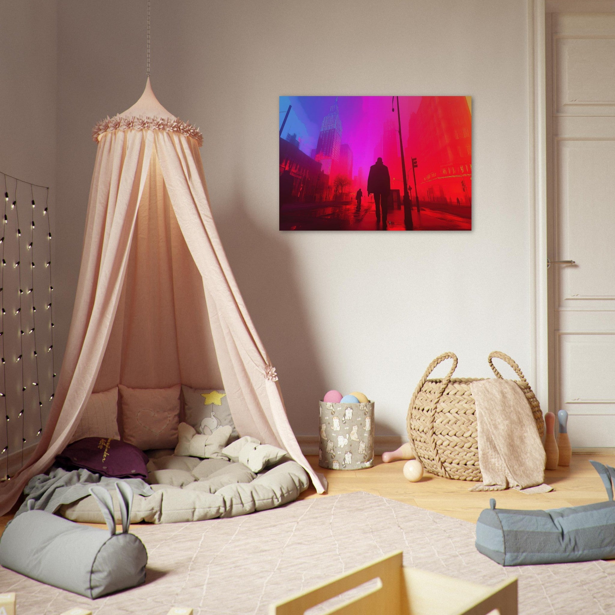 Aluminum Print Landscape - A city where neon lights create impossible rifle - Shop Ai Art WebShop - Digital Art online Store