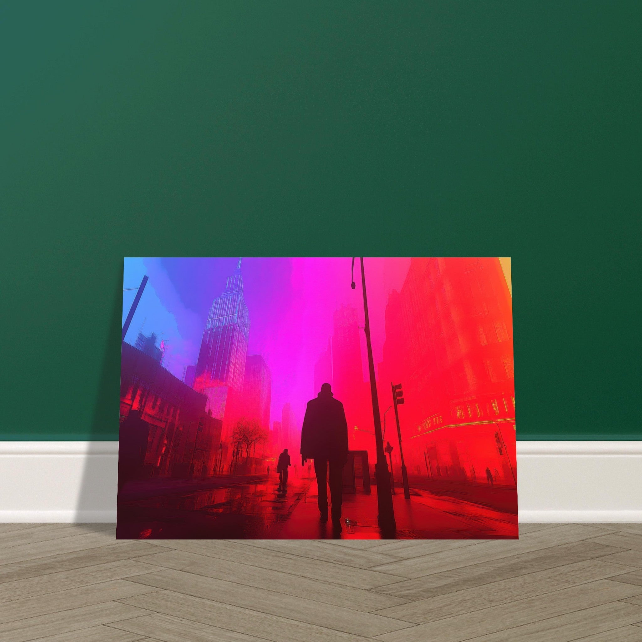 Aluminum Print Landscape - A city where neon lights create impossible rifle - Shop Ai Art WebShop - Digital Art online Store