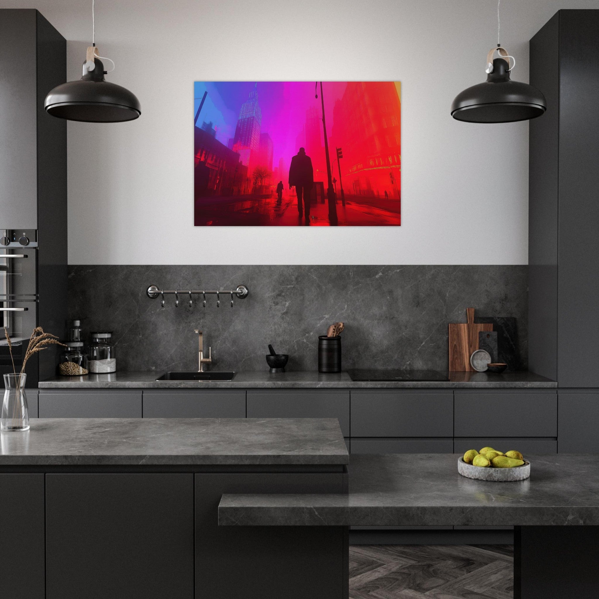 Aluminum Print Landscape - A city where neon lights create impossible rifle - Shop Ai Art WebShop - Digital Art online Store