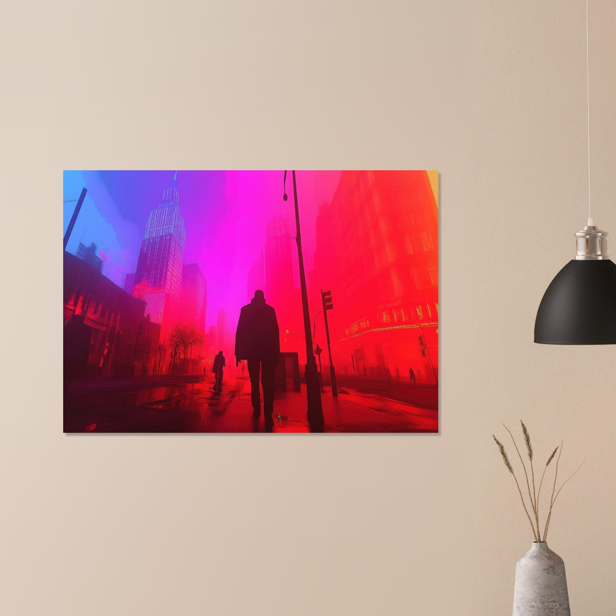 Aluminum Print Landscape - A city where neon lights create impossible rifle - Shop Ai Art WebShop - Digital Art online Store