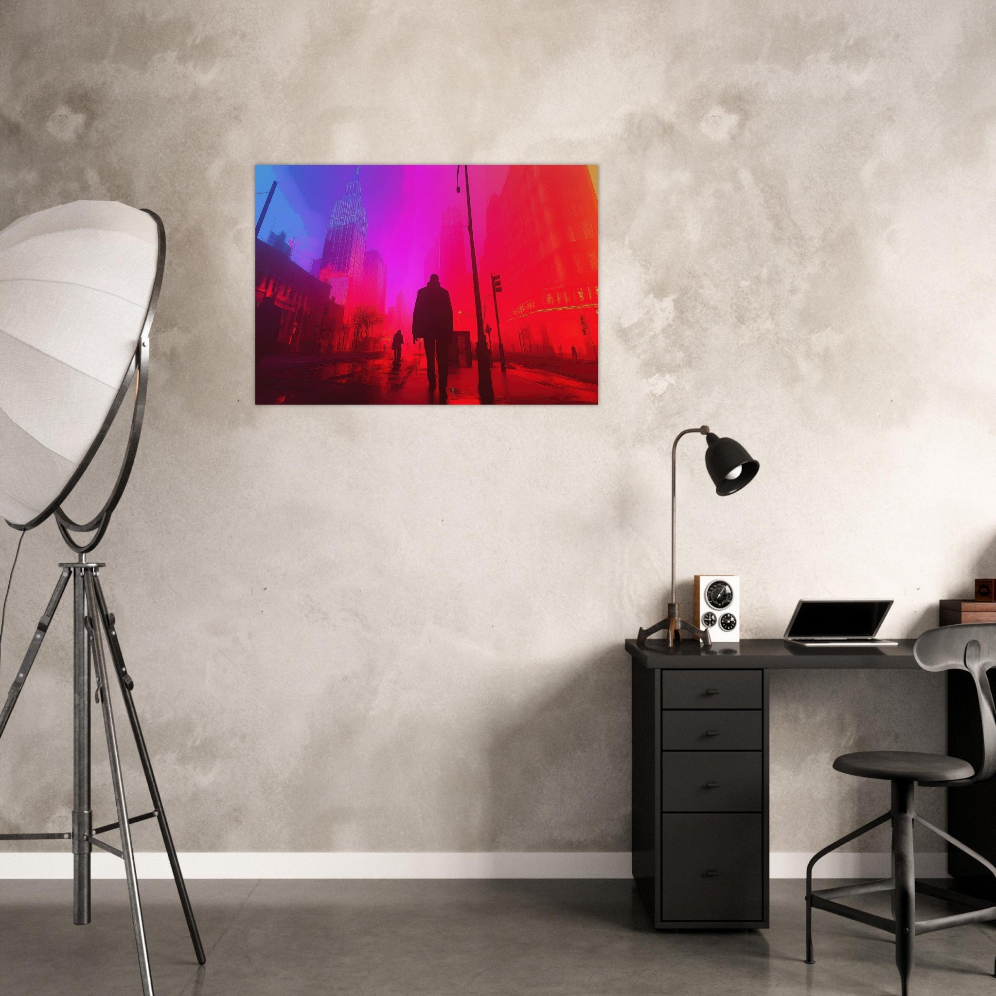 Aluminum Print Landscape - A city where neon lights create impossible rifle - Shop Ai Art WebShop - Digital Art online Store