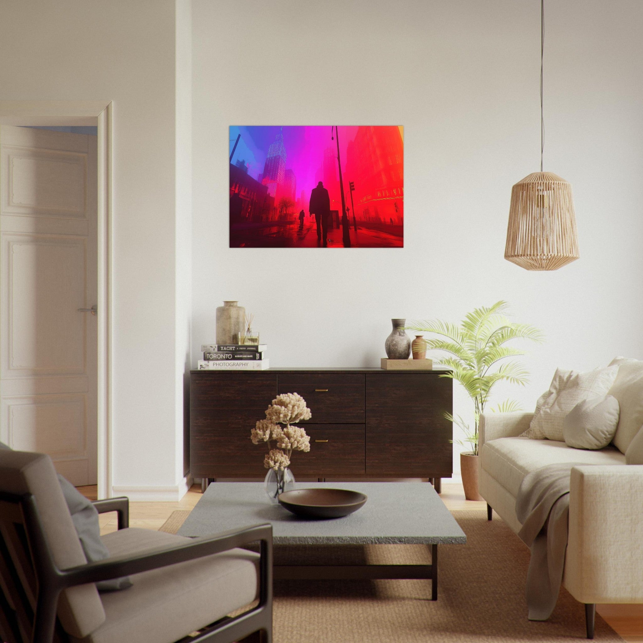 Aluminum Print Landscape - A city where neon lights create impossible rifle - Shop Ai Art WebShop - Digital Art online Store