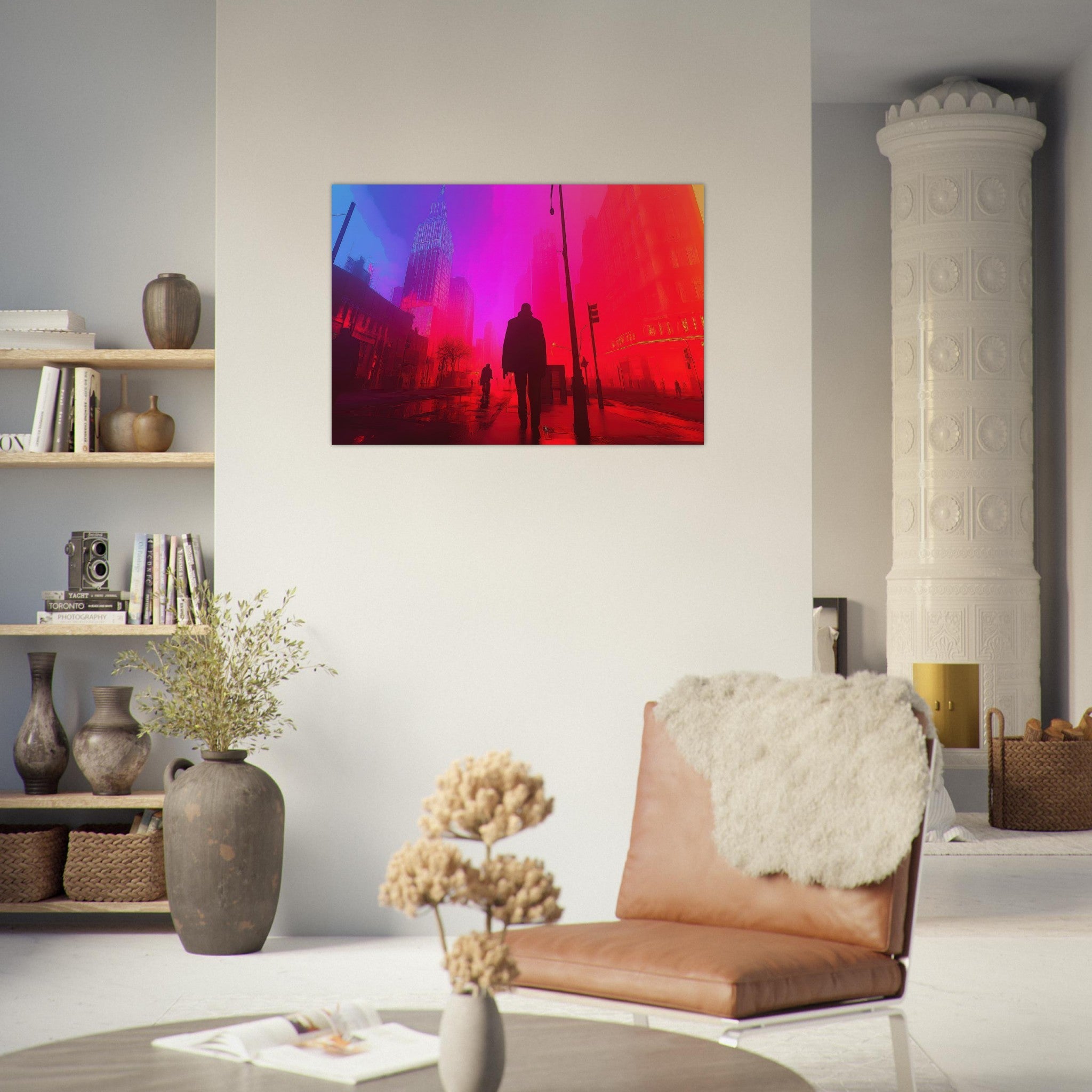 Aluminum Print Landscape - A city where neon lights create impossible rifle - Shop Ai Art WebShop - Digital Art online Store