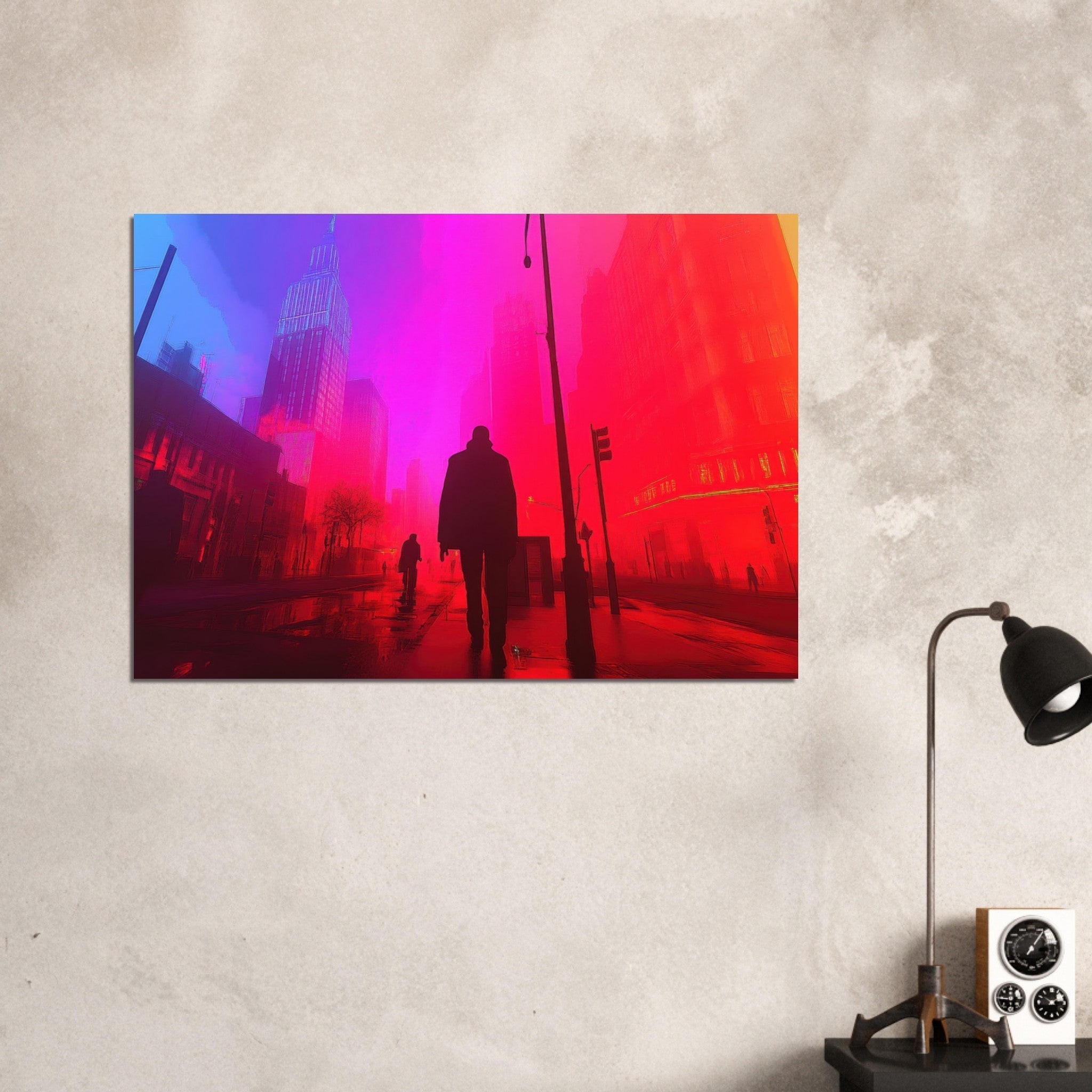 Aluminum Print Landscape - A city where neon lights create impossible rifle - Shop Ai Art WebShop - Digital Art online Store