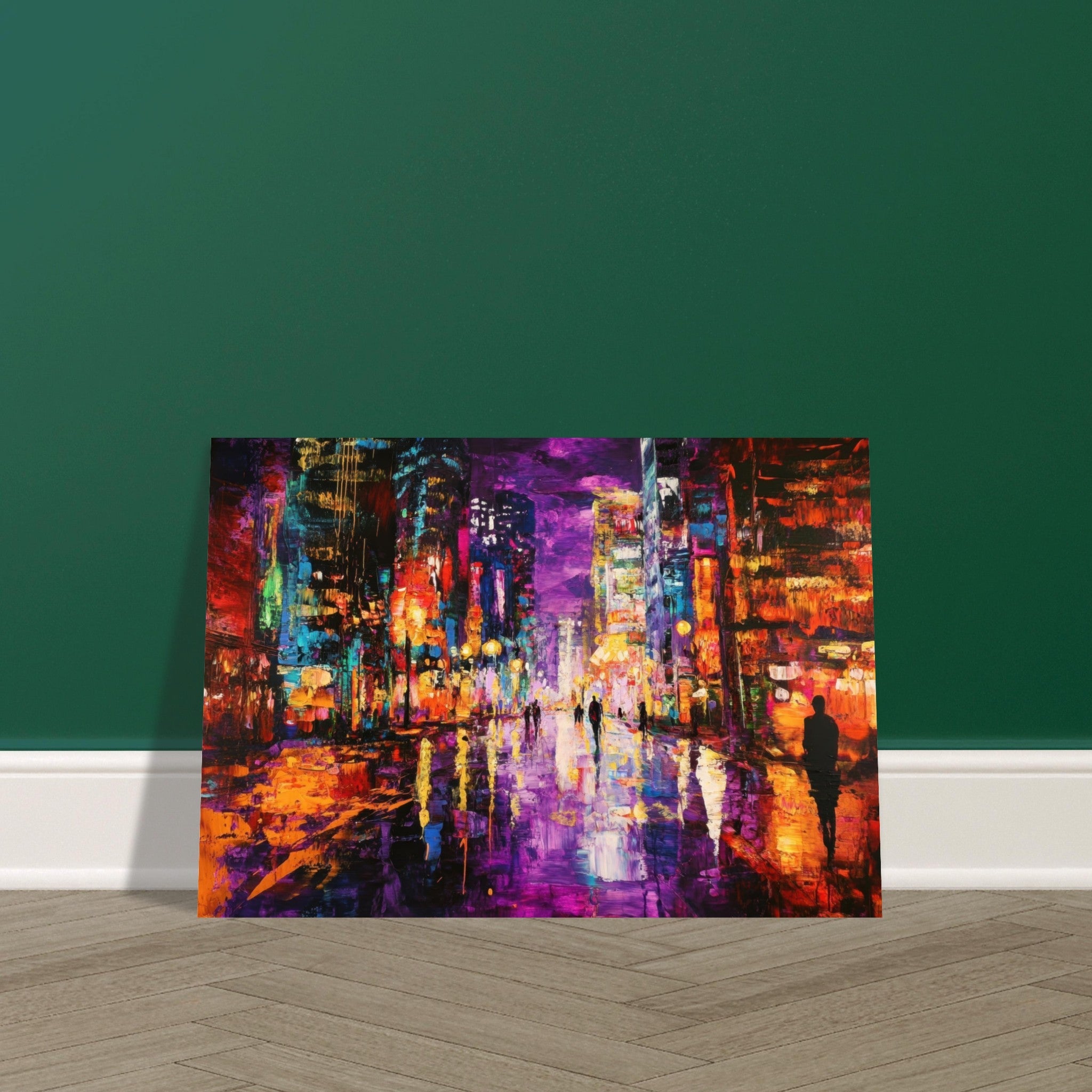 Aluminum Print Landscape - A cityscape bathed in the dim glow of streetligh - Shop Ai Art WebShop - Digital Art online Store