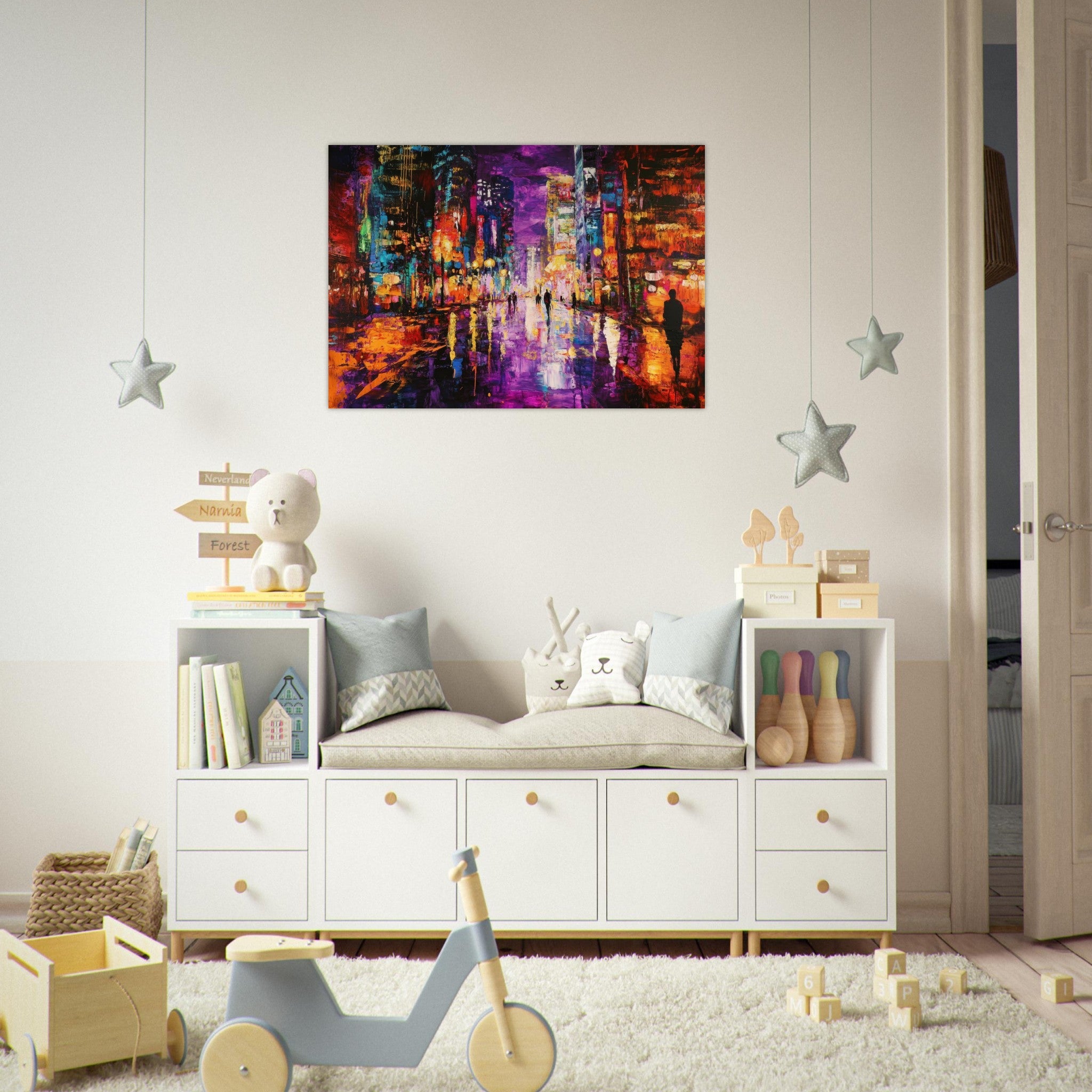 Aluminum Print Landscape - A cityscape bathed in the dim glow of streetligh - Shop Ai Art WebShop - Digital Art online Store