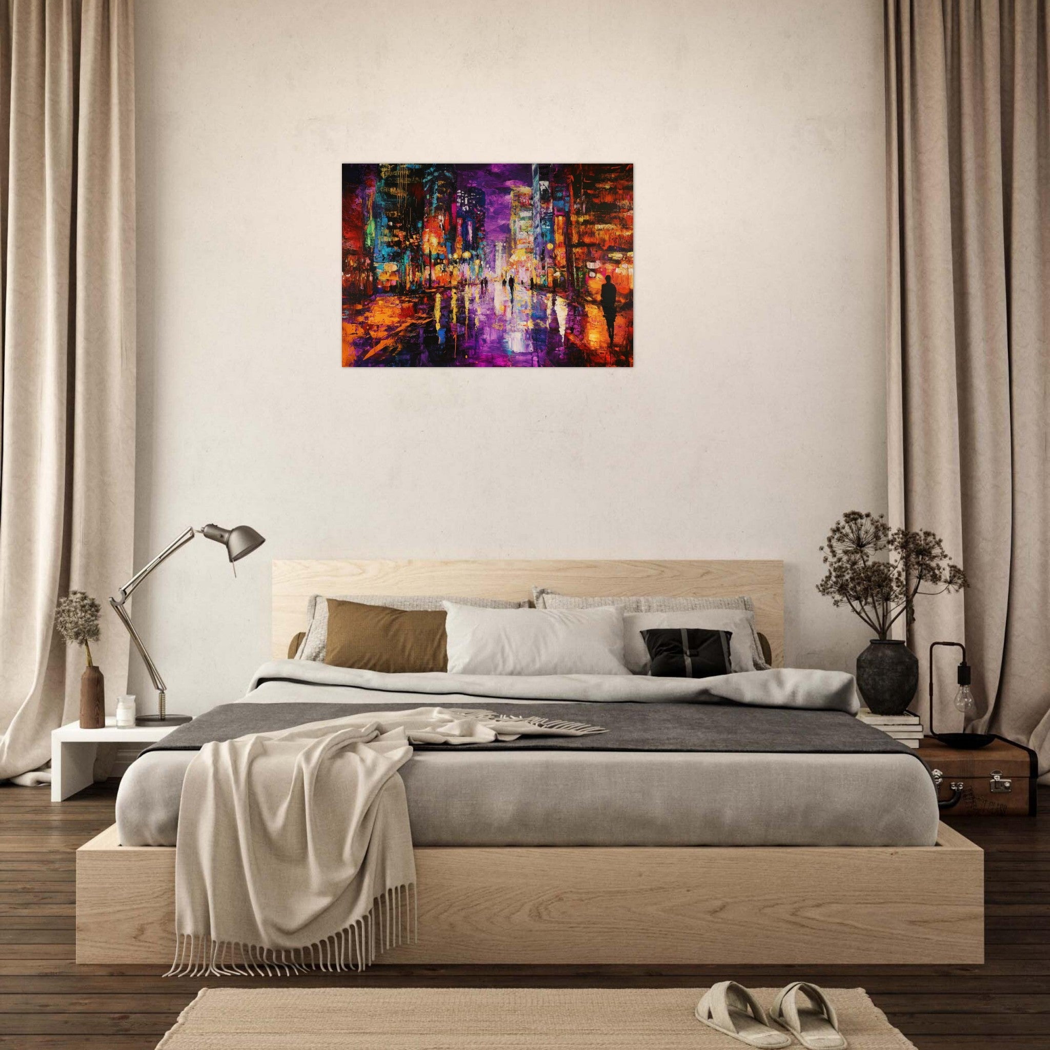 Aluminum Print Landscape - A cityscape bathed in the dim glow of streetligh - Shop Ai Art WebShop - Digital Art online Store