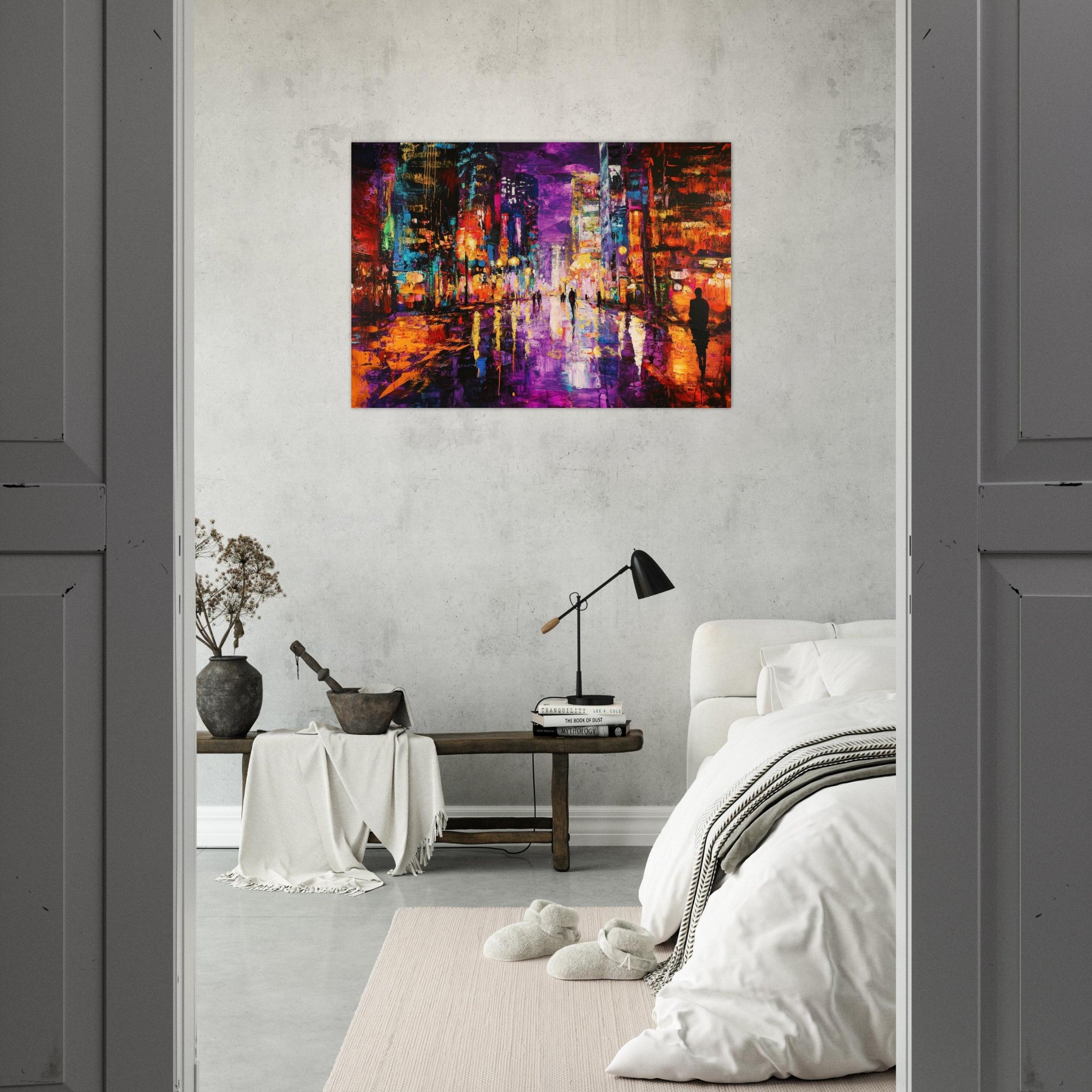 Aluminum Print Landscape - A cityscape bathed in the dim glow of streetligh - Shop Ai Art WebShop - Digital Art online Store