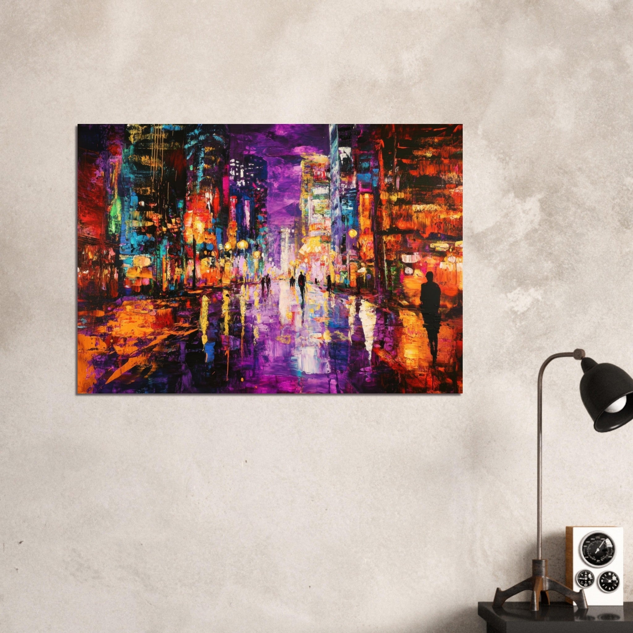 Aluminum Print Landscape - A cityscape bathed in the dim glow of streetligh - Shop Ai Art WebShop - Digital Art online Store