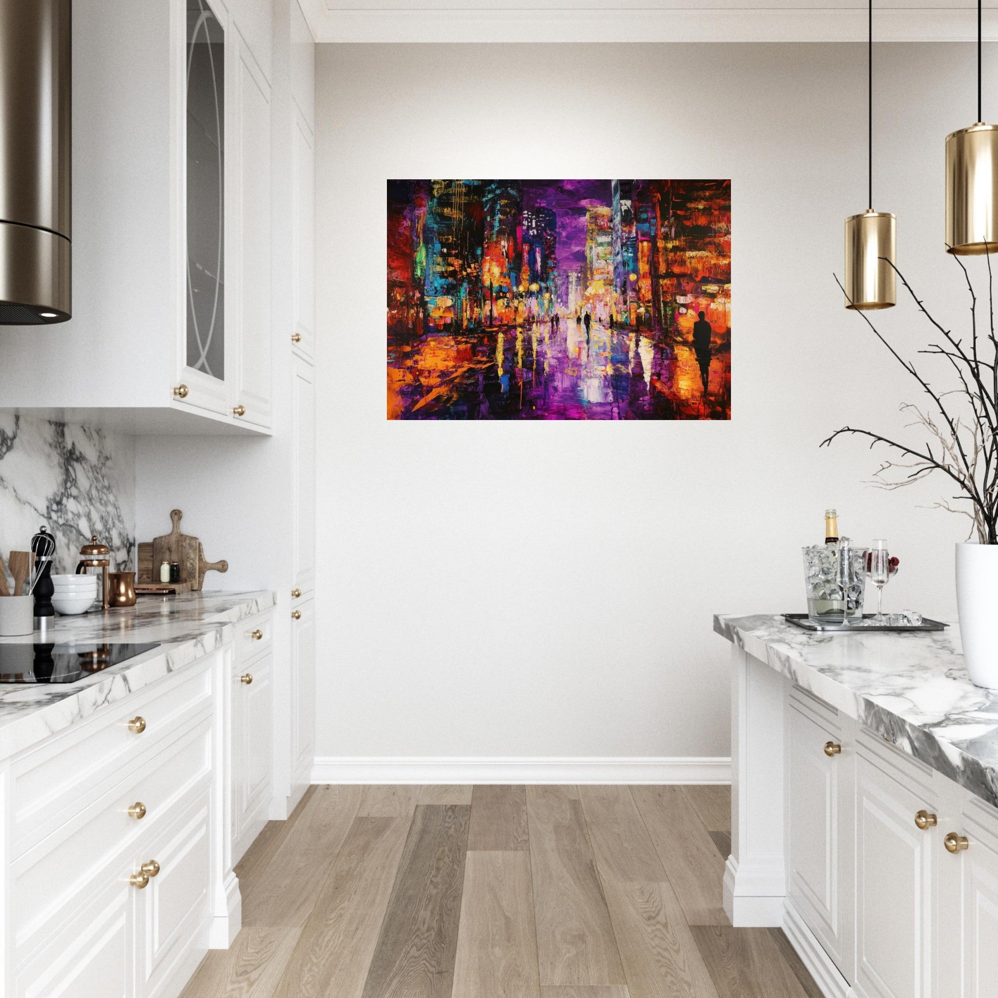 Aluminum Print Landscape - A cityscape bathed in the dim glow of streetligh - Shop Ai Art WebShop - Digital Art online Store