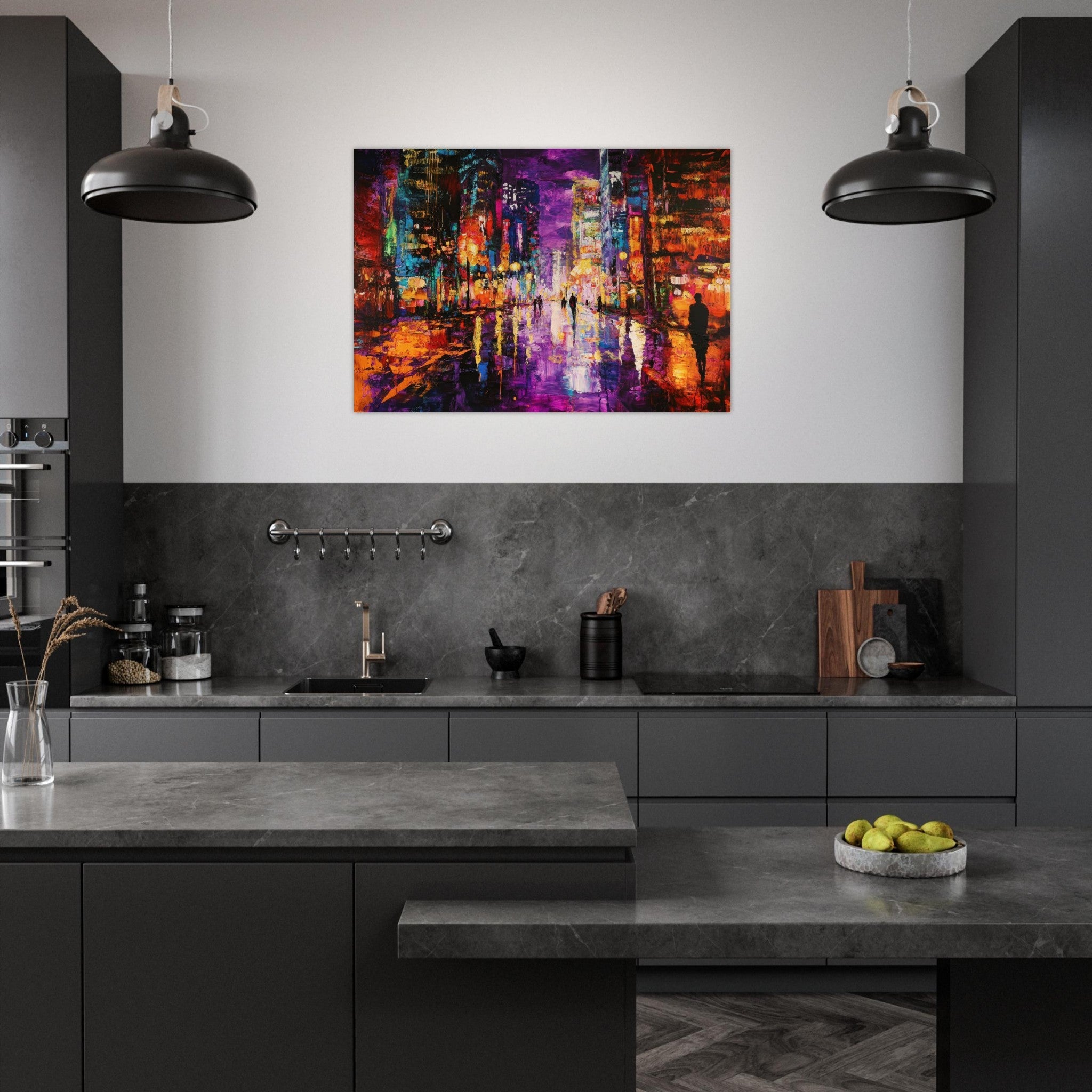 Aluminum Print Landscape - A cityscape bathed in the dim glow of streetligh - Shop Ai Art WebShop - Digital Art online Store