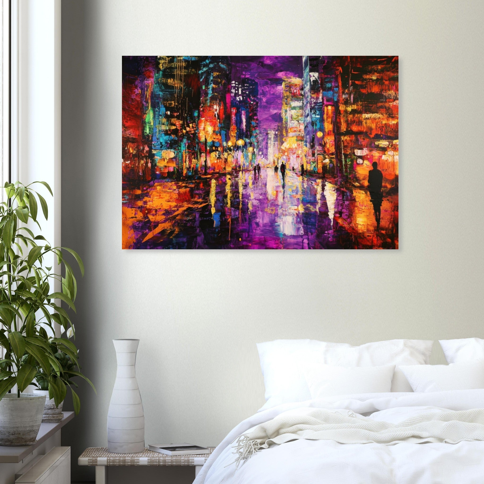 Aluminum Print Landscape - A cityscape bathed in the dim glow of streetligh - Shop Ai Art WebShop - Digital Art online Store