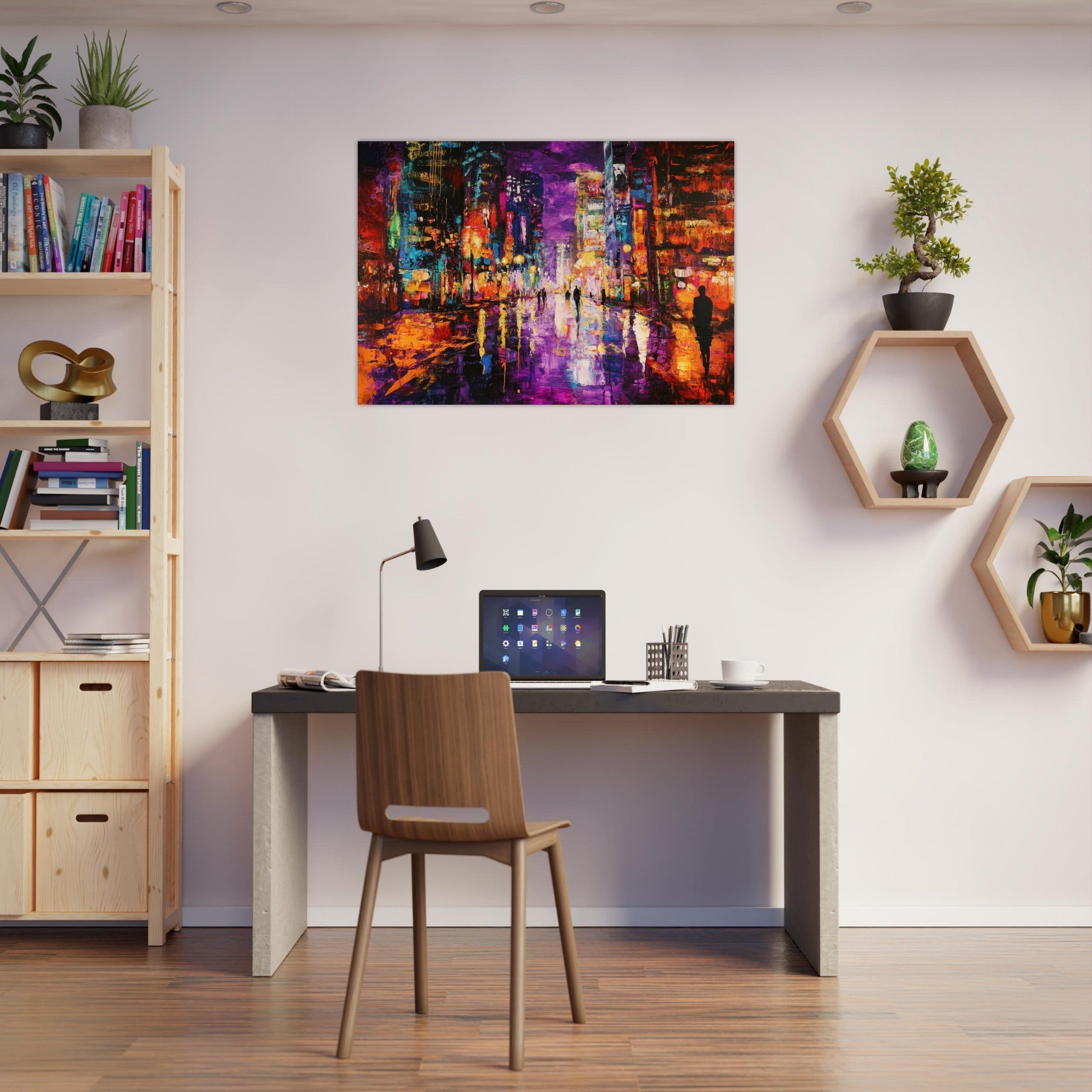 Aluminum Print Landscape - A cityscape bathed in the dim glow of streetligh - Shop Ai Art WebShop - Digital Art online Store