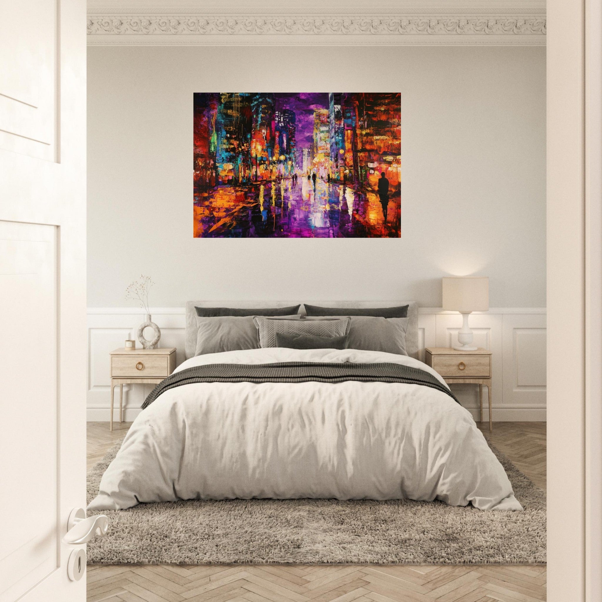 Aluminum Print Landscape - A cityscape bathed in the dim glow of streetligh - Shop Ai Art WebShop - Digital Art online Store