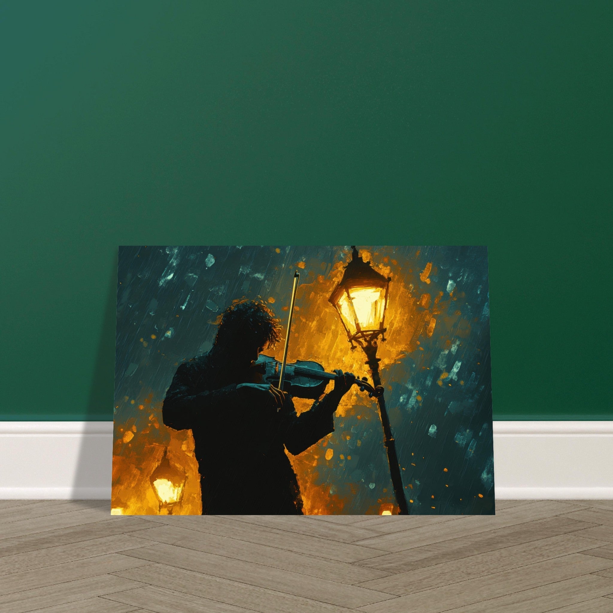 Aluminum Print Landscape - A lone violinist stands beneath a flickering sir - Shop Ai Art WebShop - Digital Art online Store