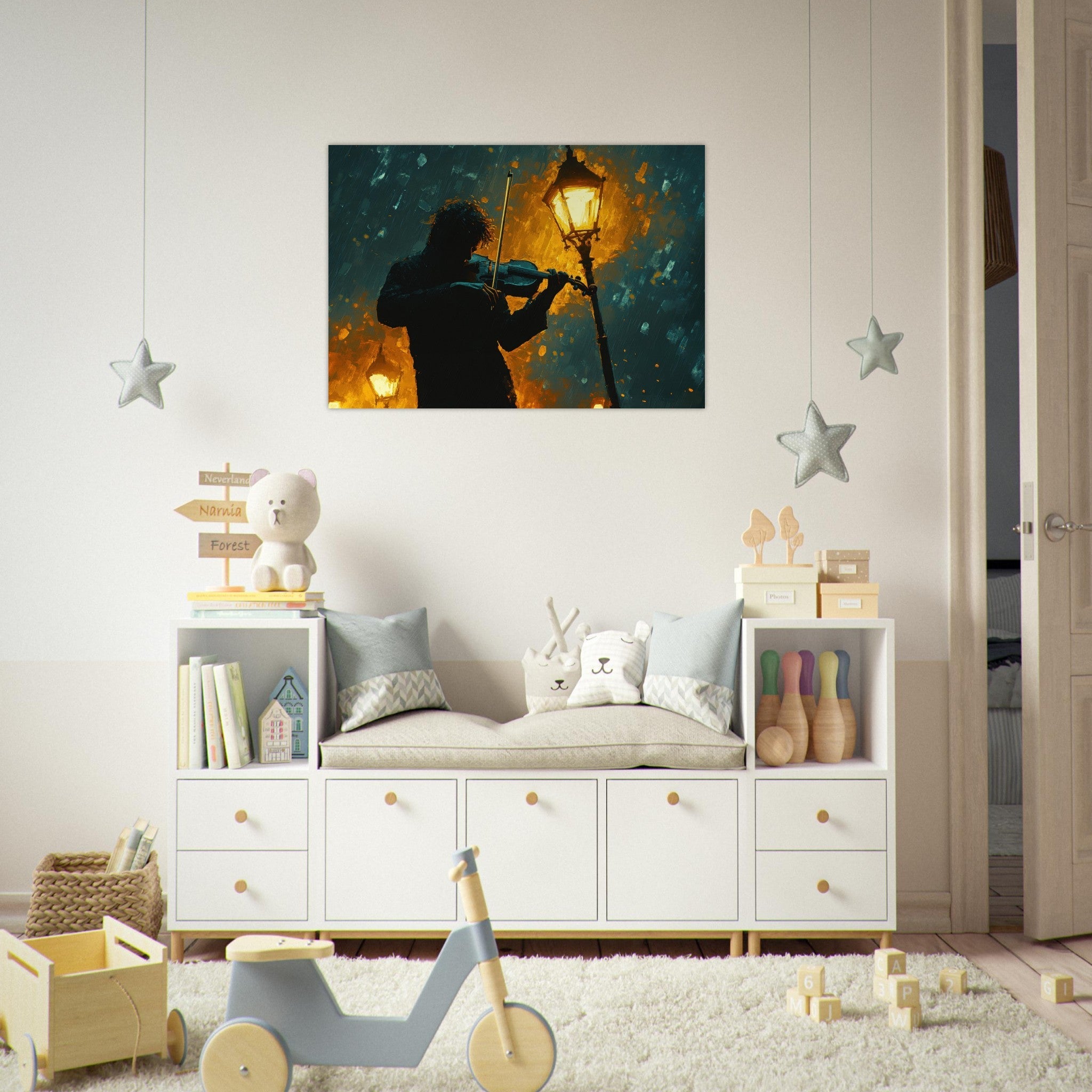 Aluminum Print Landscape - A lone violinist stands beneath a flickering sir - Shop Ai Art WebShop - Digital Art online Store