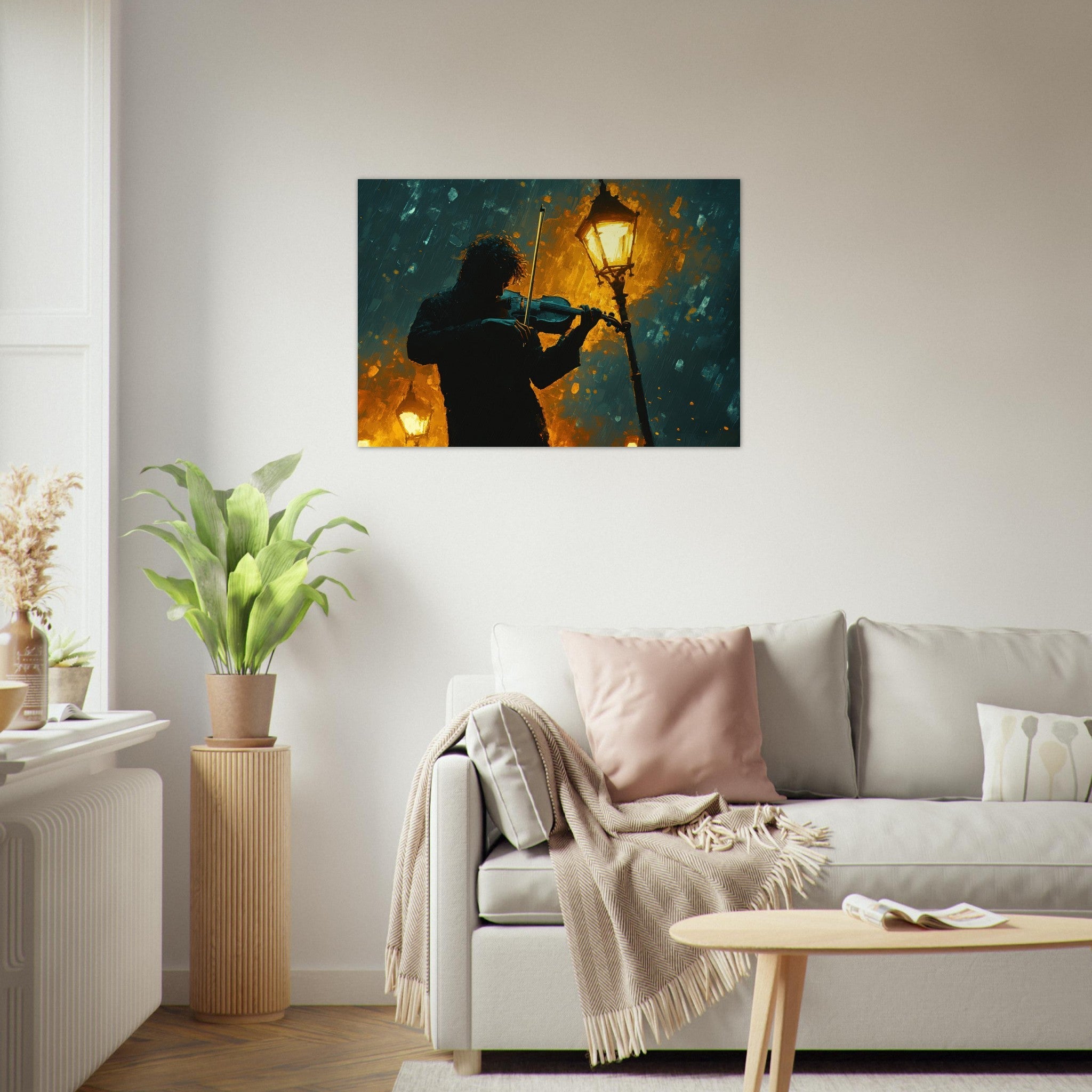 Aluminum Print Landscape - A lone violinist stands beneath a flickering sir - Shop Ai Art WebShop - Digital Art online Store