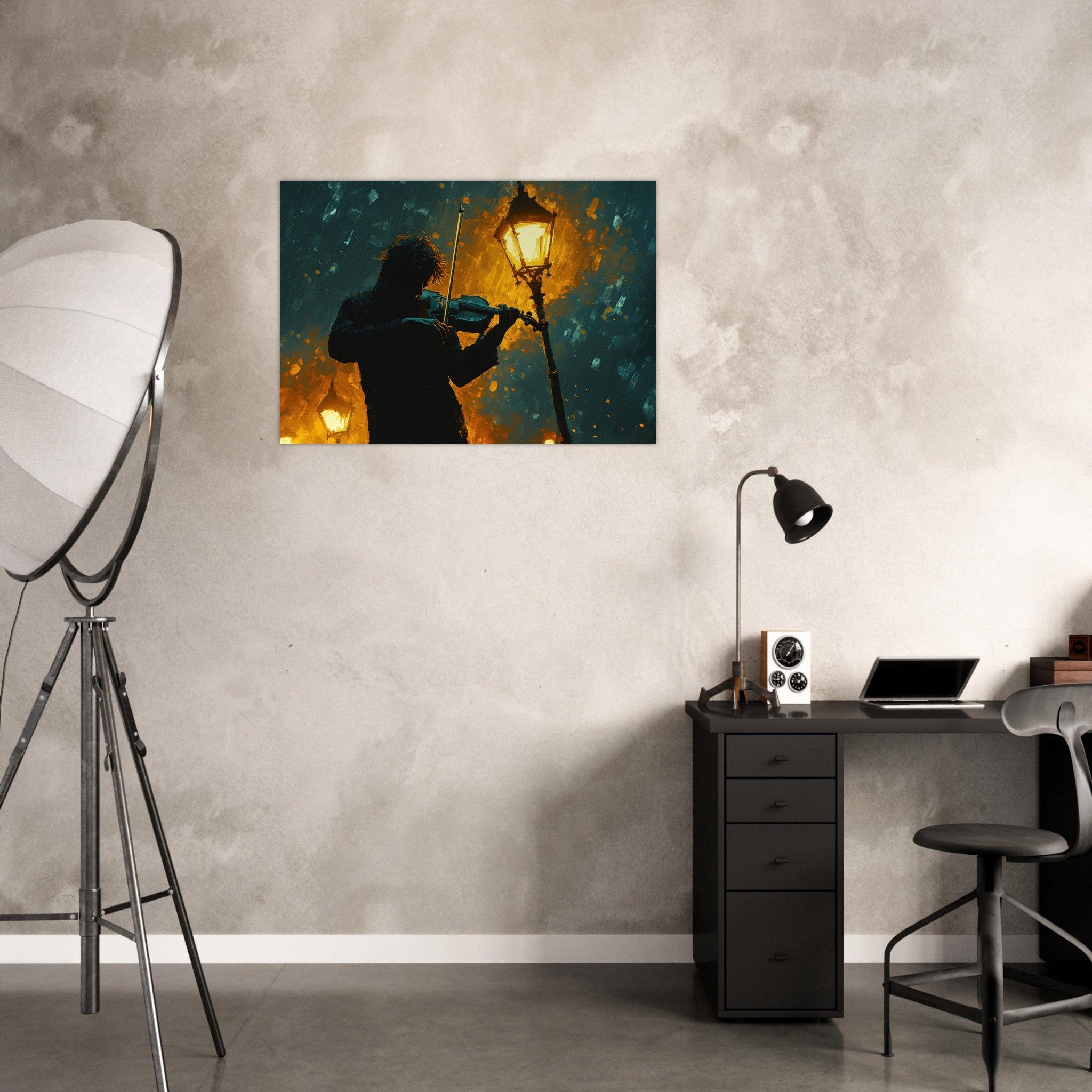 Aluminum Print Landscape - A lone violinist stands beneath a flickering sir - Shop Ai Art WebShop - Digital Art online Store