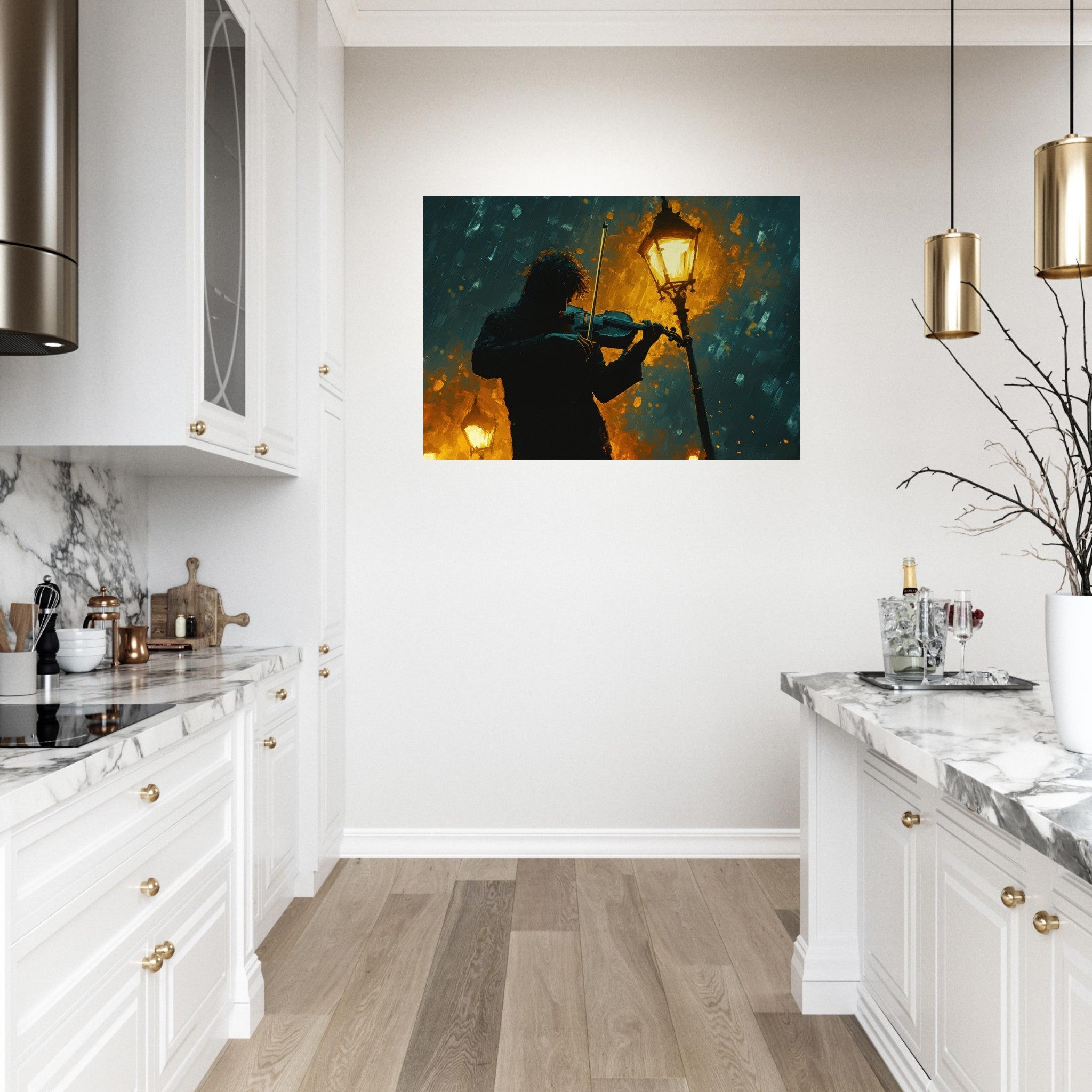 Aluminum Print Landscape - A lone violinist stands beneath a flickering sir - Shop Ai Art WebShop - Digital Art online Store