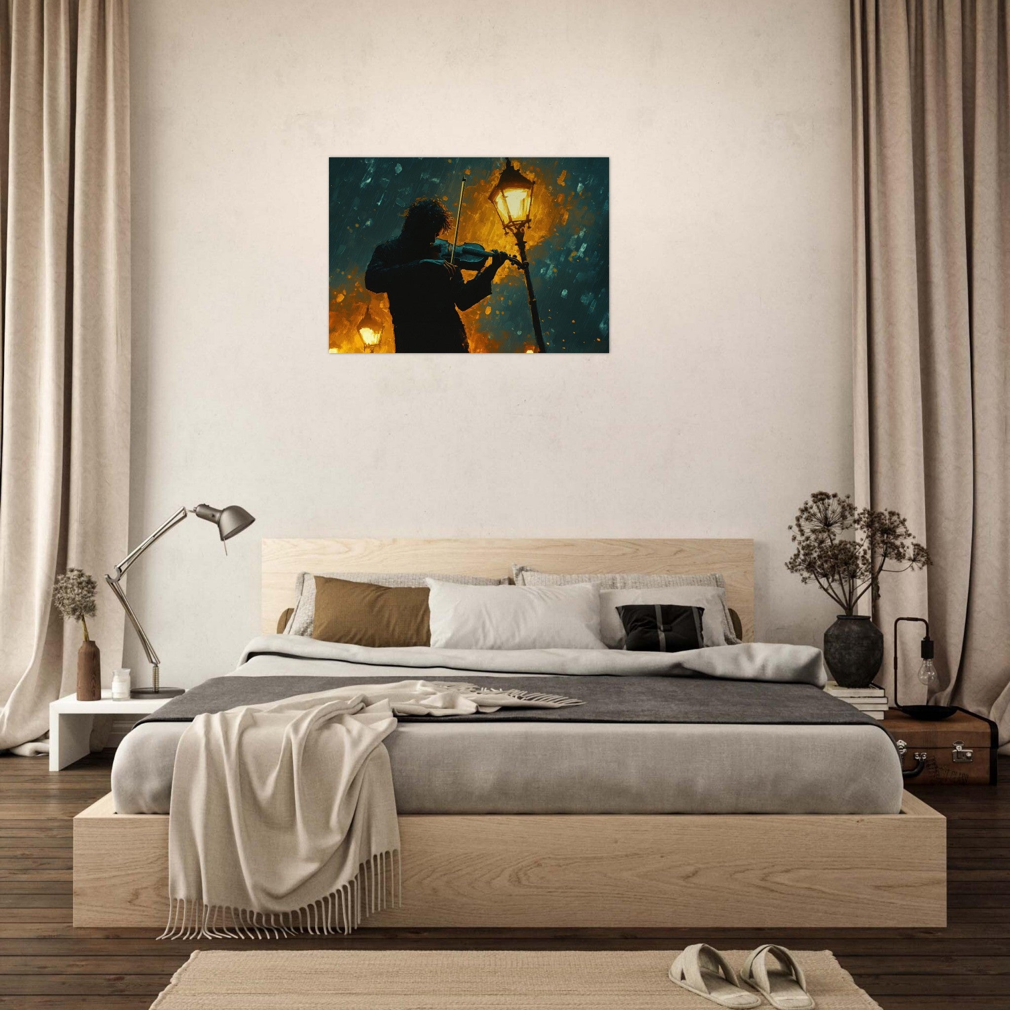 Aluminum Print Landscape - A lone violinist stands beneath a flickering sir - Shop Ai Art WebShop - Digital Art online Store