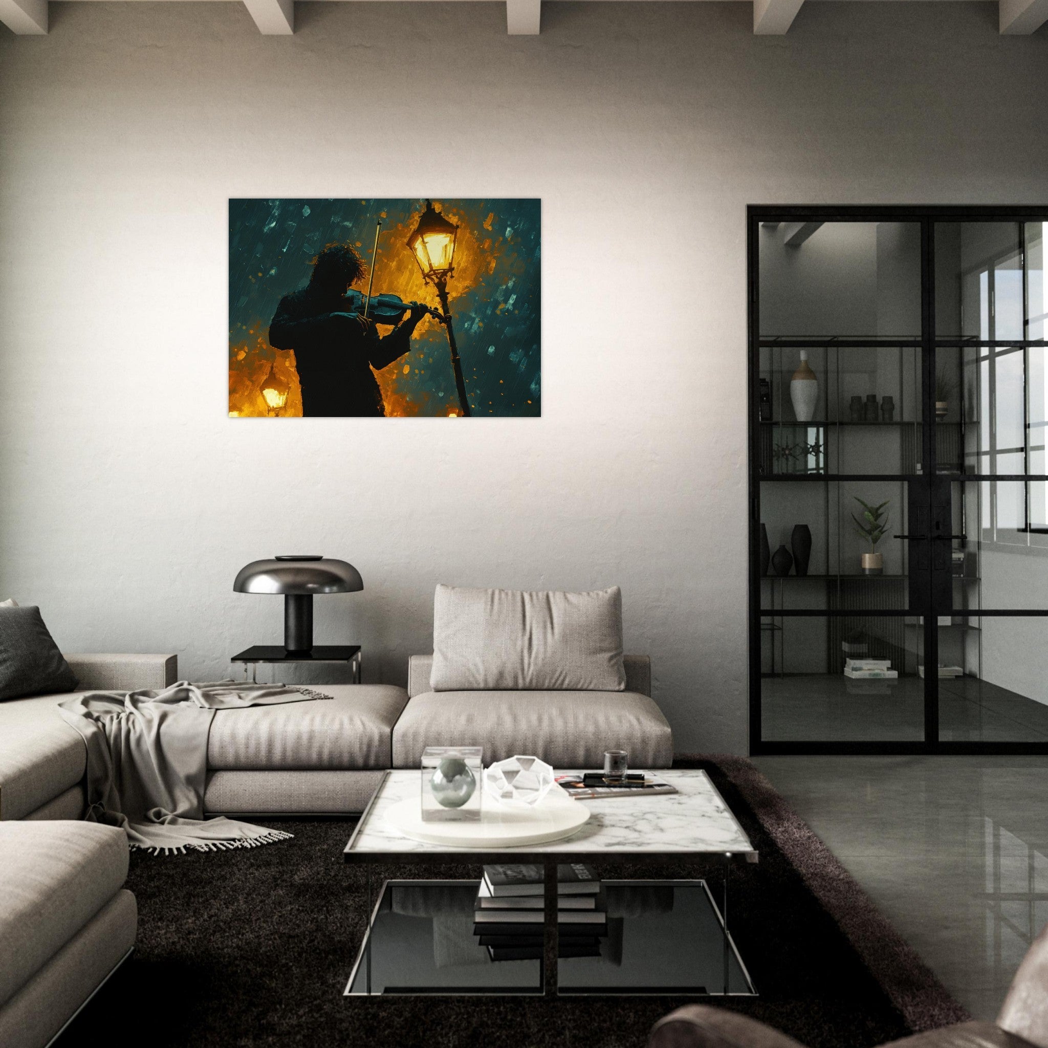 Aluminum Print Landscape - A lone violinist stands beneath a flickering sir - Shop Ai Art WebShop - Digital Art online Store