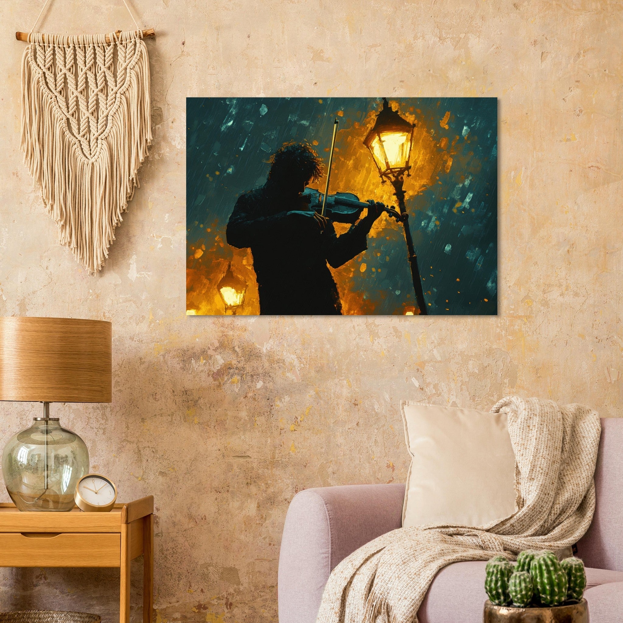 Aluminum Print Landscape - A lone violinist stands beneath a flickering sir - Shop Ai Art WebShop - Digital Art online Store