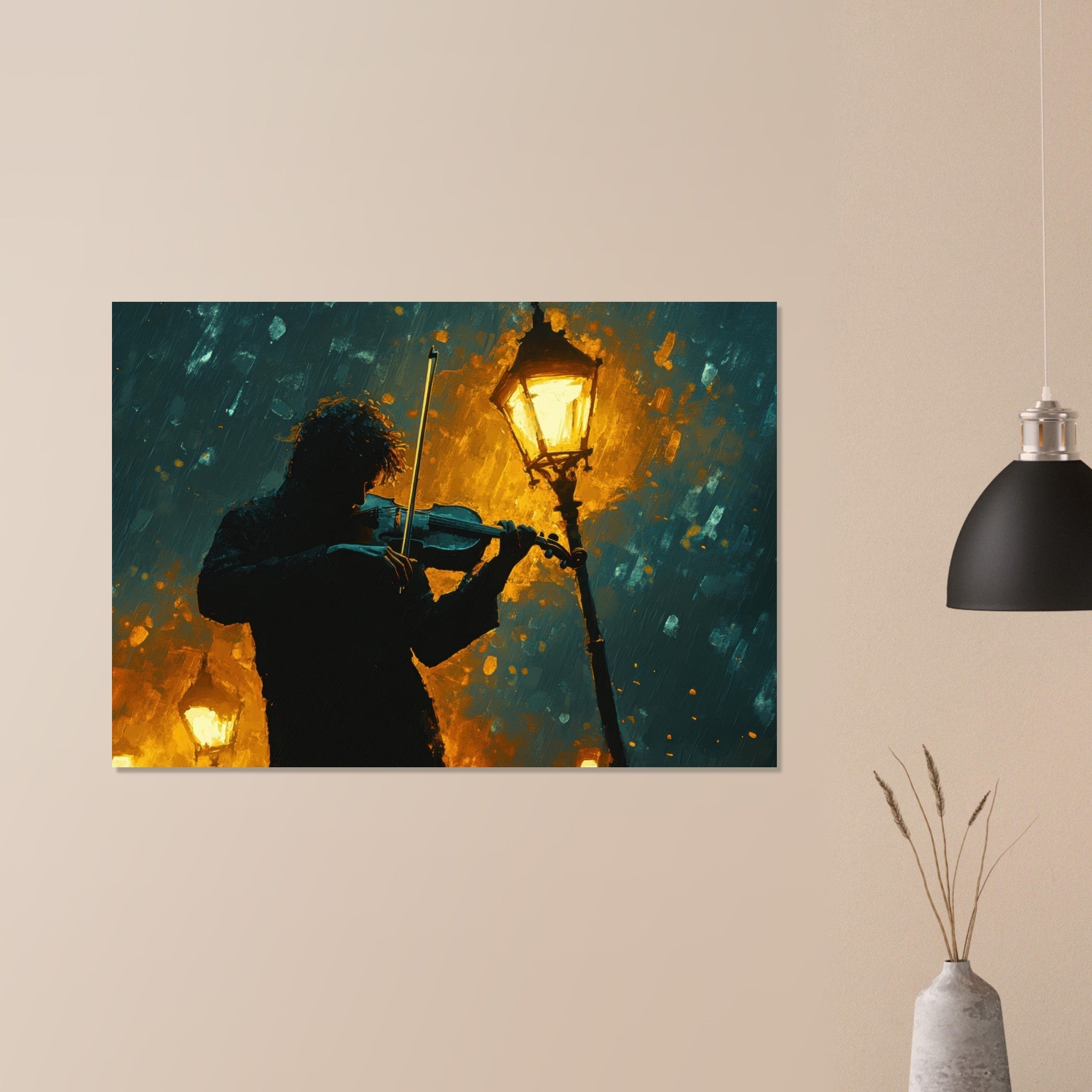 Aluminum Print Landscape - A lone violinist stands beneath a flickering sir - Shop Ai Art WebShop - Digital Art online Store