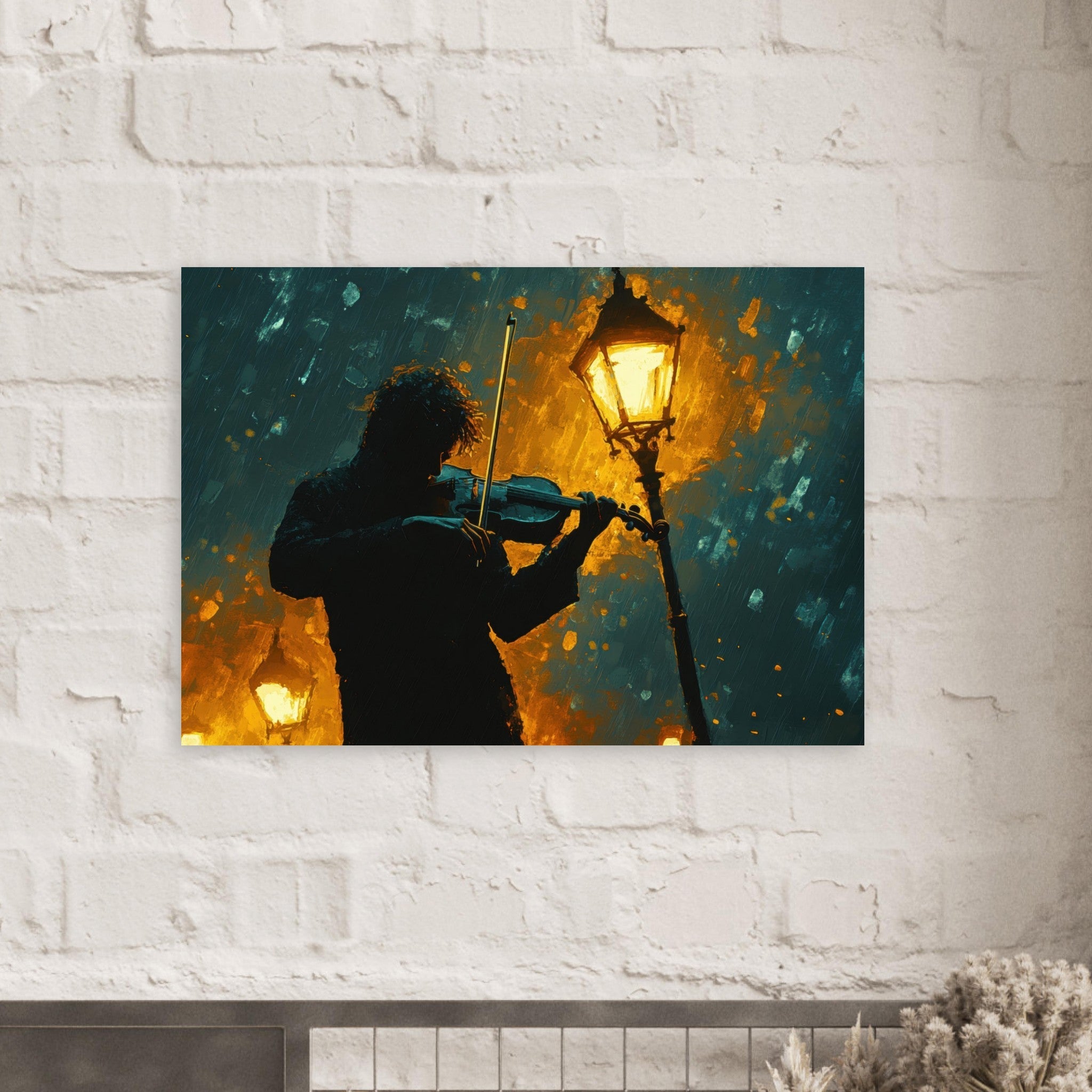 Aluminum Print Landscape - A lone violinist stands beneath a flickering sir - Shop Ai Art WebShop - Digital Art online Store