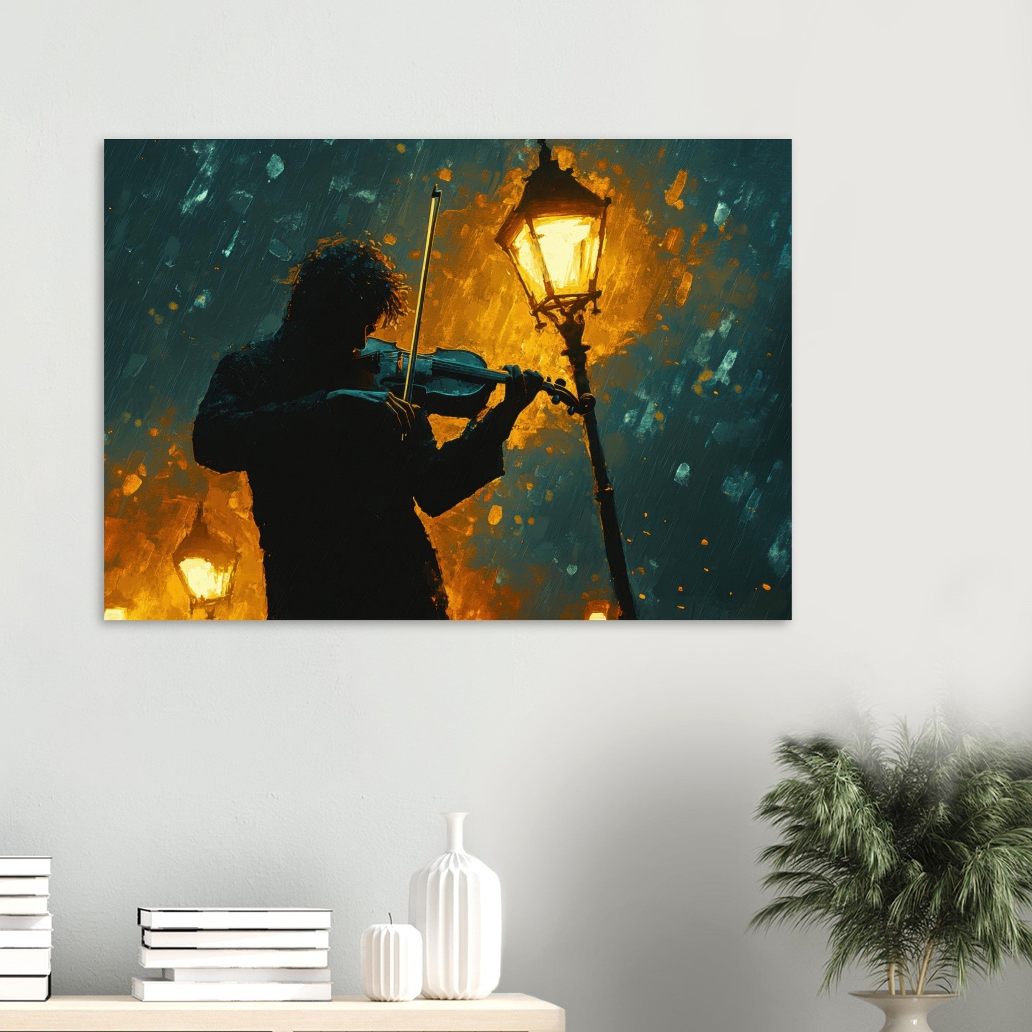 Aluminum Print Landscape - A lone violinist stands beneath a flickering sir - Shop Ai Art WebShop - Digital Art online Store