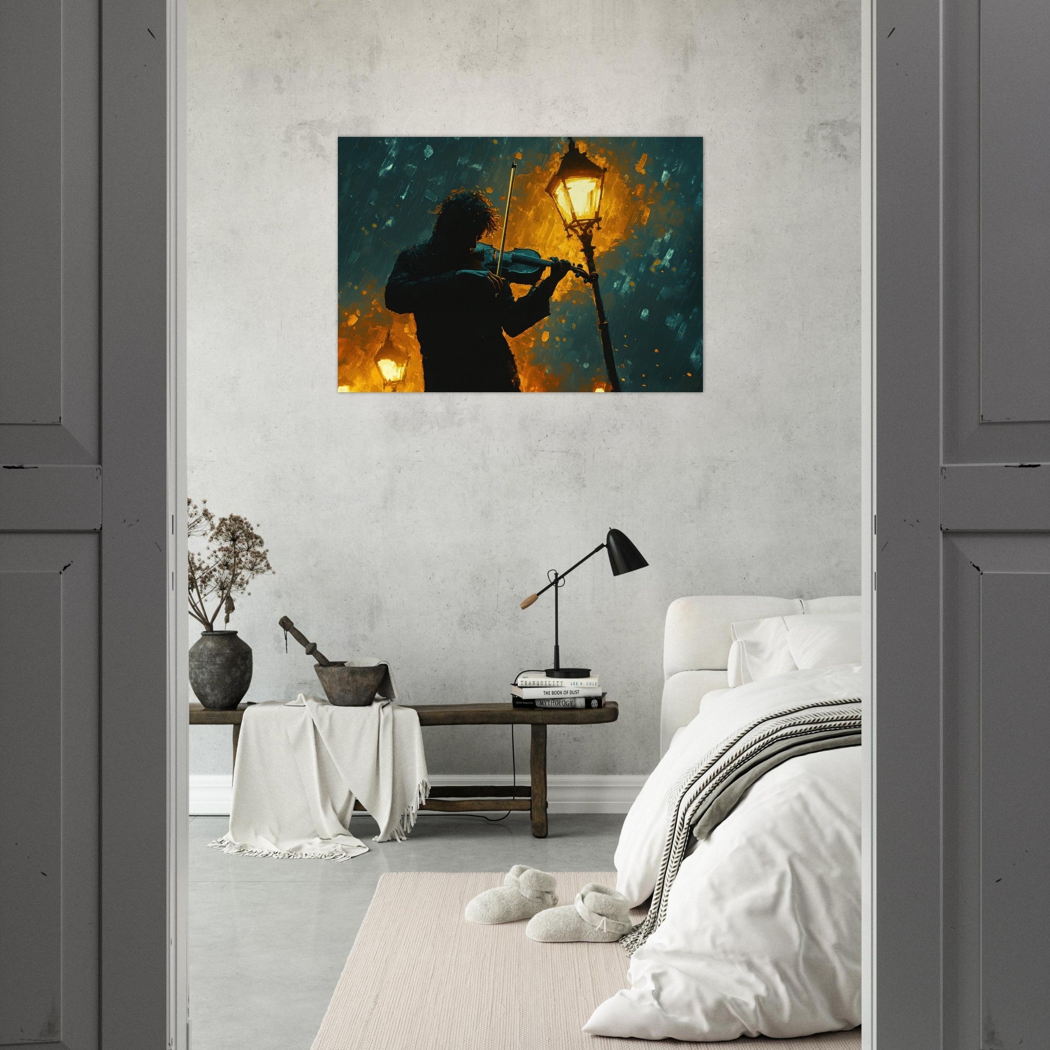 Aluminum Print Landscape - A lone violinist stands beneath a flickering sir - Shop Ai Art WebShop - Digital Art online Store