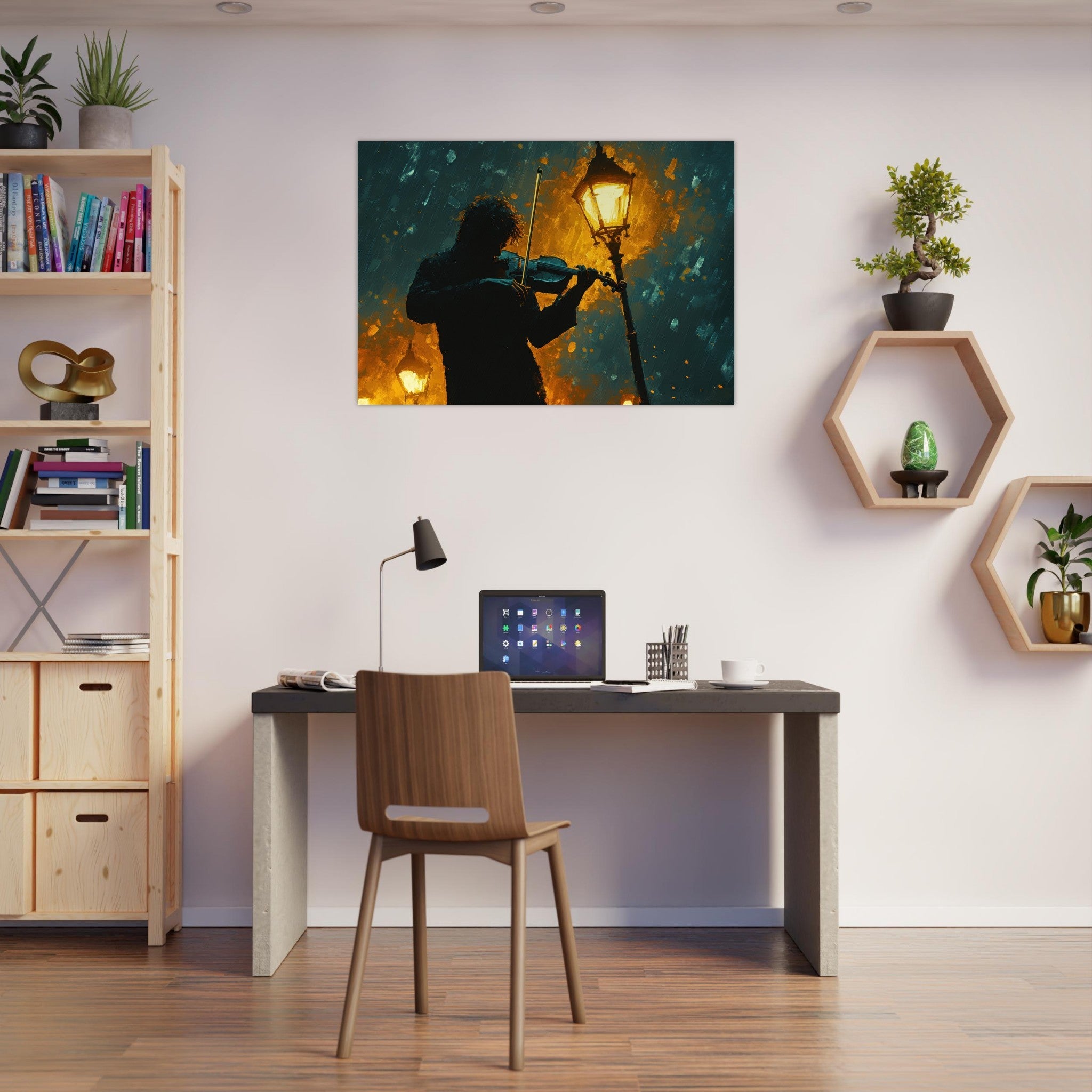 Aluminum Print Landscape - A lone violinist stands beneath a flickering sir - Shop Ai Art WebShop - Digital Art online Store